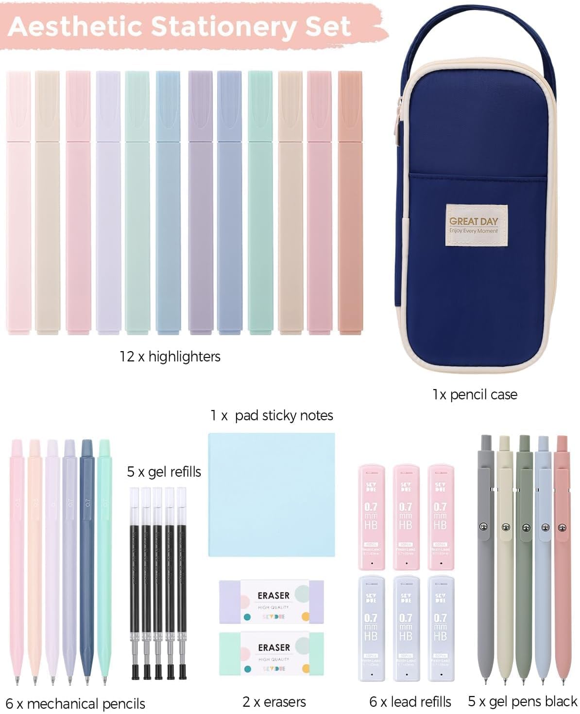 SKYDUE Cute School Supplies 38 PCS, Pencil Case with 12 Pastel Highlighters, 5 Black Gel Pens, Mechanical Pencils, College Essentials Students Stationary Set Pink