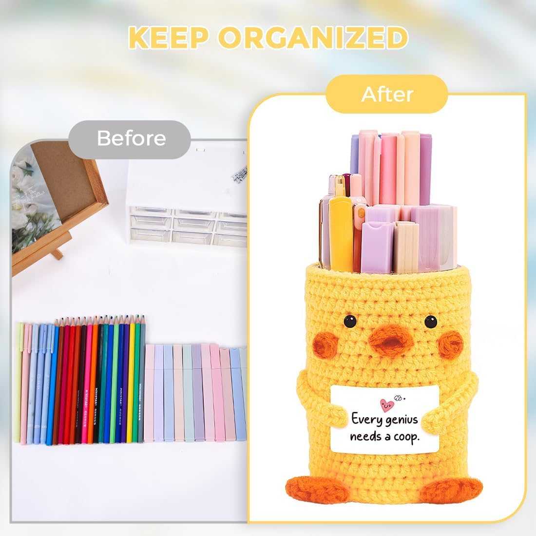 SKYDUE Crocheted Pen & Pencil Holder with Inspirational Card - Handmade Desk Organizer for Office, School, Home - Functional Desk Decor Pen Cup