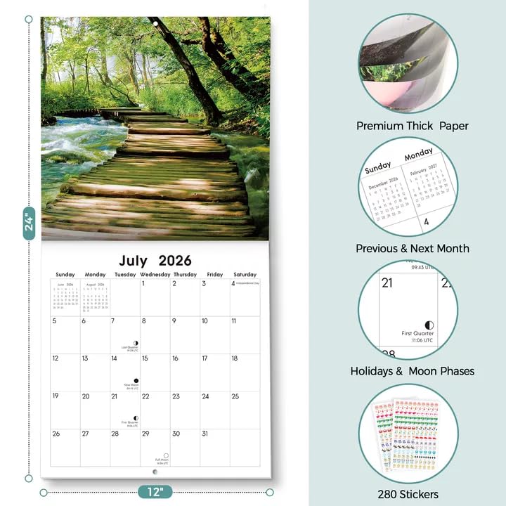 SKYDUE 2026 Wall Calendar 12"x24" Opened, 18-Month Puppy Dog Calendar from January 2026 to June 2027 with Stickers, Thick Paper Monthly Calendar for Home Office Organizing & Planning