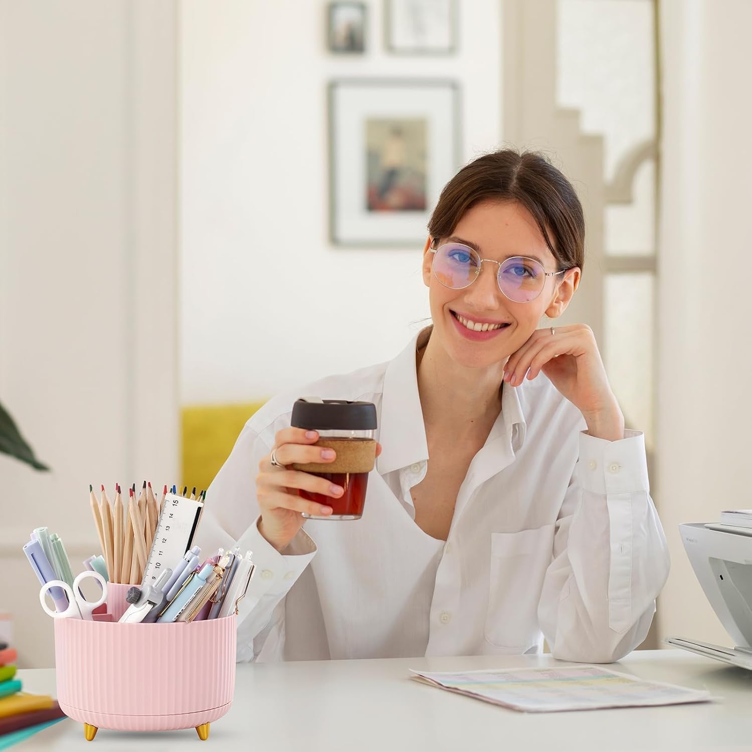 SKYDUE 360 Rotating Plastic Desk Pen Organizer with 5 Slots, Dual-Purpose Art Supply Pencil Cup for Office, School, Home