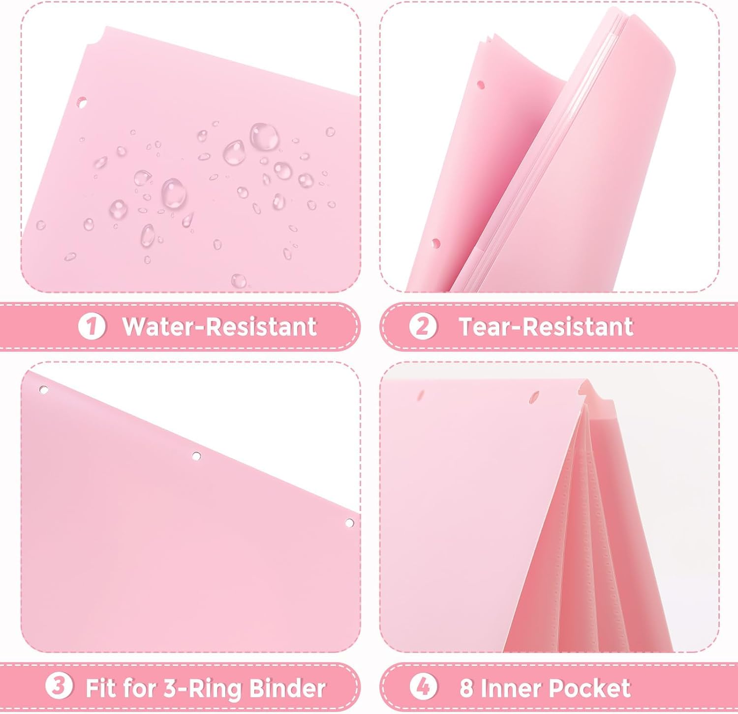 Plastic Pocket Folders，2 Pockets and 3 Dividers, Letter Size – Fits 3-Ring Binders – School Folders for Students & Office Use – Pink & Purple