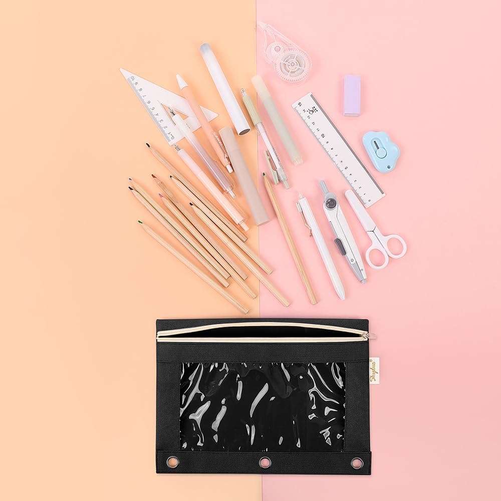 SKYDUE 3 Ring Pencil Pouch for Binder, Zipper Binder Pencil Pouch with 3 Pockets and Mesh Window, Durable Organizer for School Supplies, Cables, Earbuds, Makeup