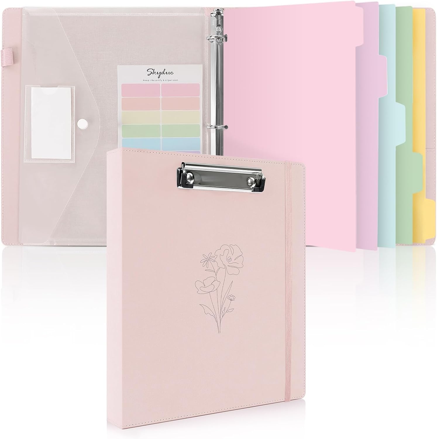 SKYDUE Clipboard Binder with Dividers,1 Inch Linen 3 Ring Binder with Clipboard on Front for Organizer, Clipboard Folder with Pocket, Labels Office Supplies OliveGreen