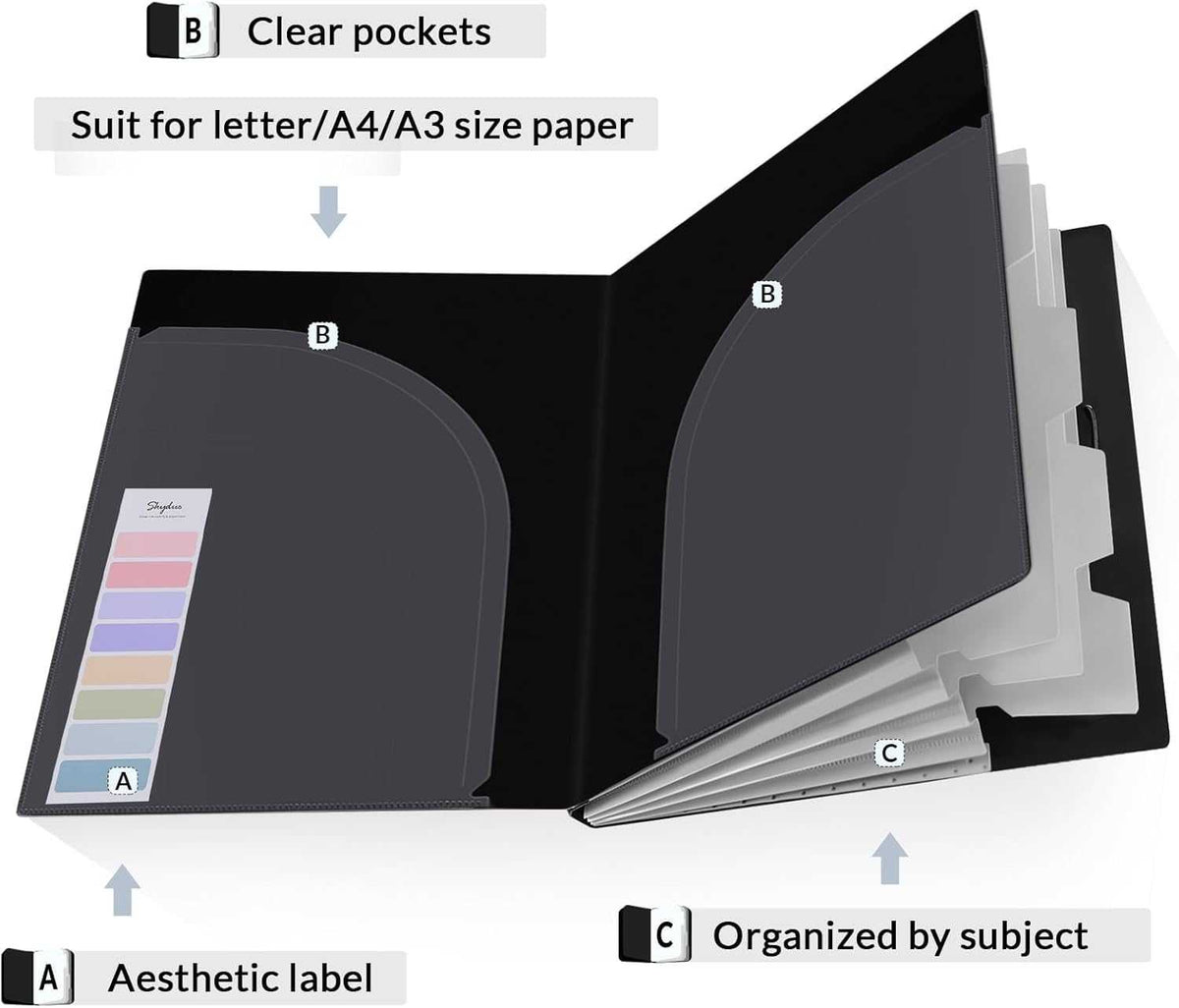 SKYDUE File Folder, 5 Pockets Accordion Paper Organizer for School and Office, Letter Size，Black