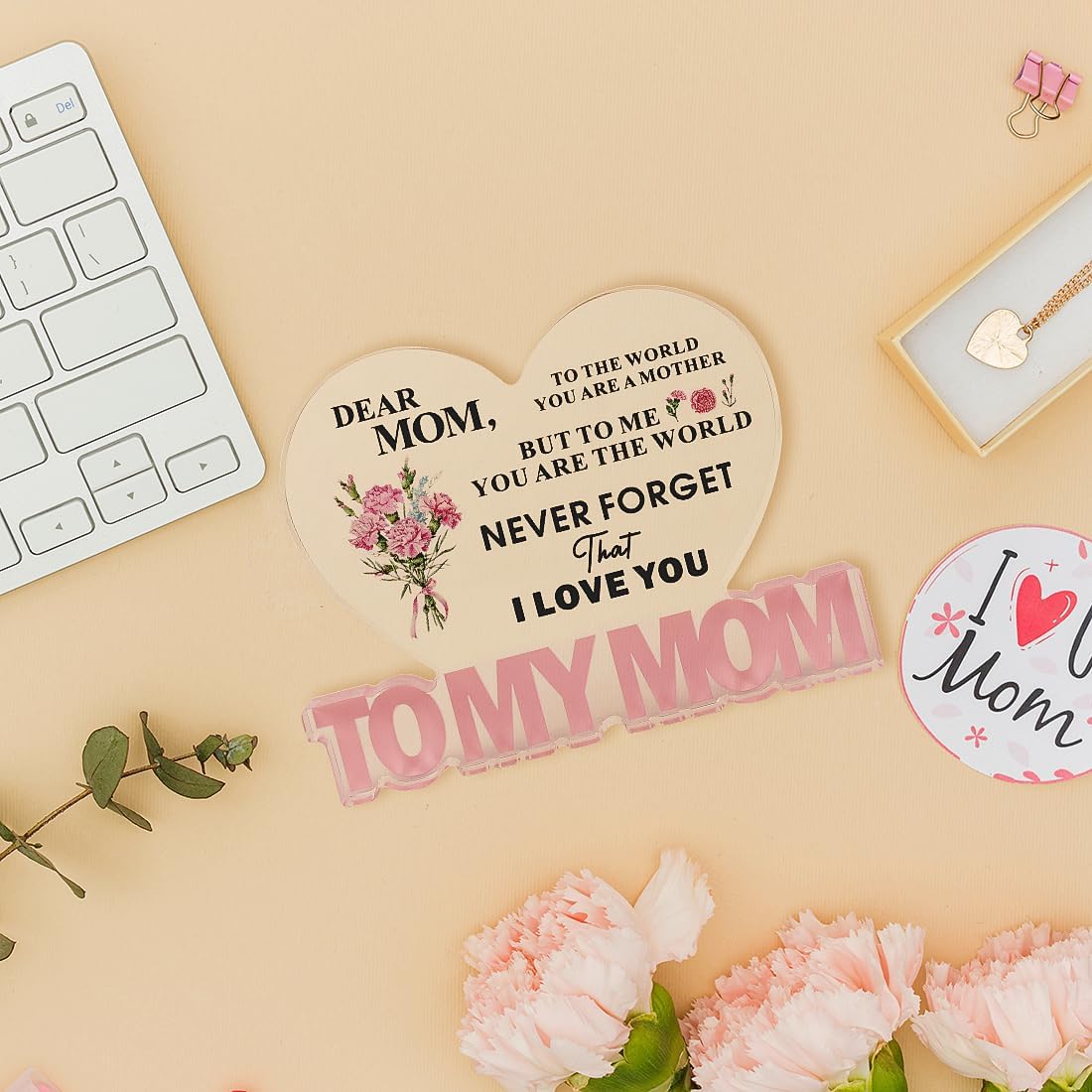 SKYDUE Gifts for Mom from Daughter Son, Heart Shaped "To My Mom" Acrylic Plaque - Meaningful Desk Decor Christmas Gift for Mother, Unique Birthday, Mother's Day, Christmas, Thanksgiving Day Gift Idea