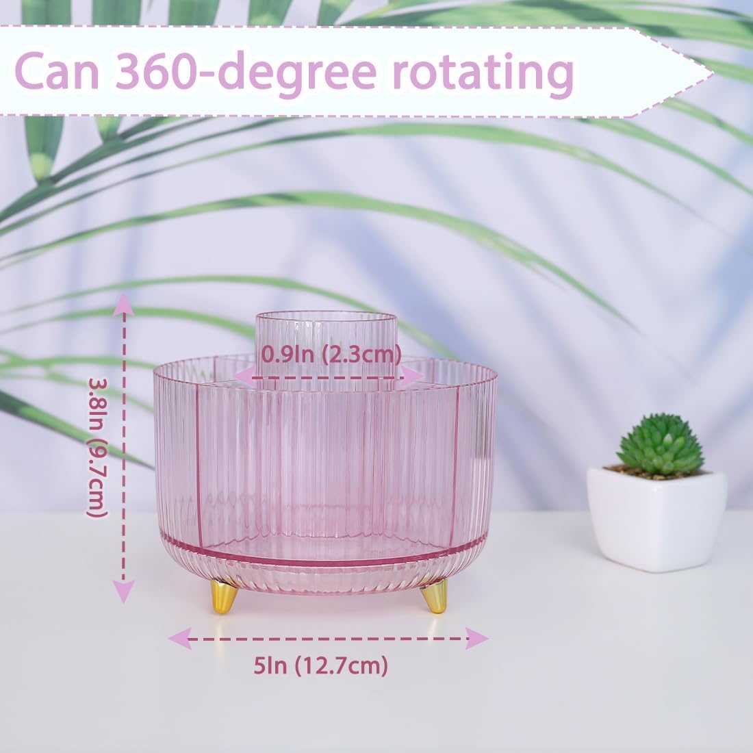 SKYDUE Rotating Pencil Pen Holder, Pen Organizer with 5 Slots - Aesthetic Desk Organizer and Accessories for School, Home, Office Supplies, Clear Pink