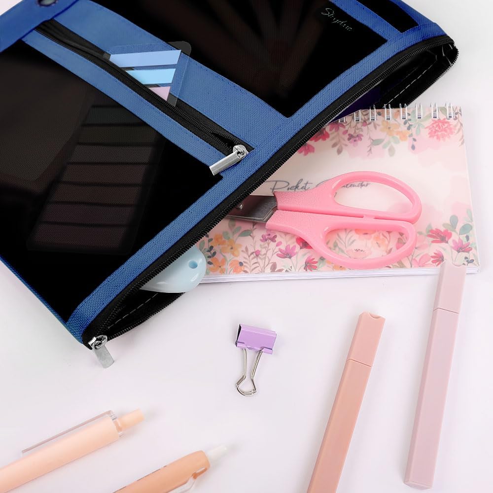 SKYDUE Pencil Pouch for Binder, Pencil Case, 3 Ring Binder Pencil Pouch with 3 Pockets and Mesh Window, Zipper Pencil Pouch, Durable Organizer for School Supplies, Cables, Earbuds, Makeup