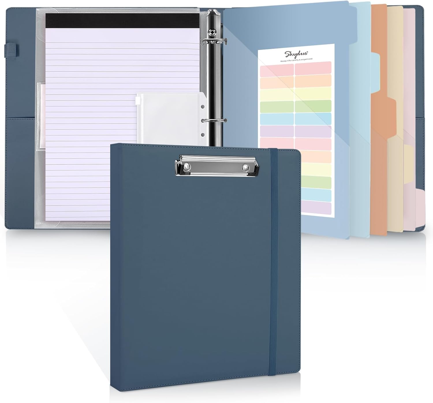 SKYDUE Clipboard Binder with Refillable Notepad, PU Clipboard Folder Includes 5 Dividers with 10 Pockets, Labels, 3 Ring Binder 1 Inch for School Office (Fit Letter Sized Paper),Olivegreen