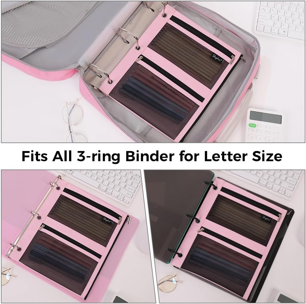 SKYDUE Pencil Pouch for Binder, Pencil Case, 3 Ring Binder Pencil Pouch with 3 Pockets and Mesh Window, Zipper Pencil Pouch, Durable Organizer for School Supplies, Cables, Earbuds, Makeup