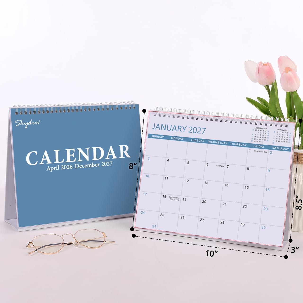SKYDUE Desk Calendar 2026, 18 Months Small Desk Calendar 2026-2027, Jan 2026 to Jun 2027, 10" x 8" Desktop Calendar Planner with Stickers, Black