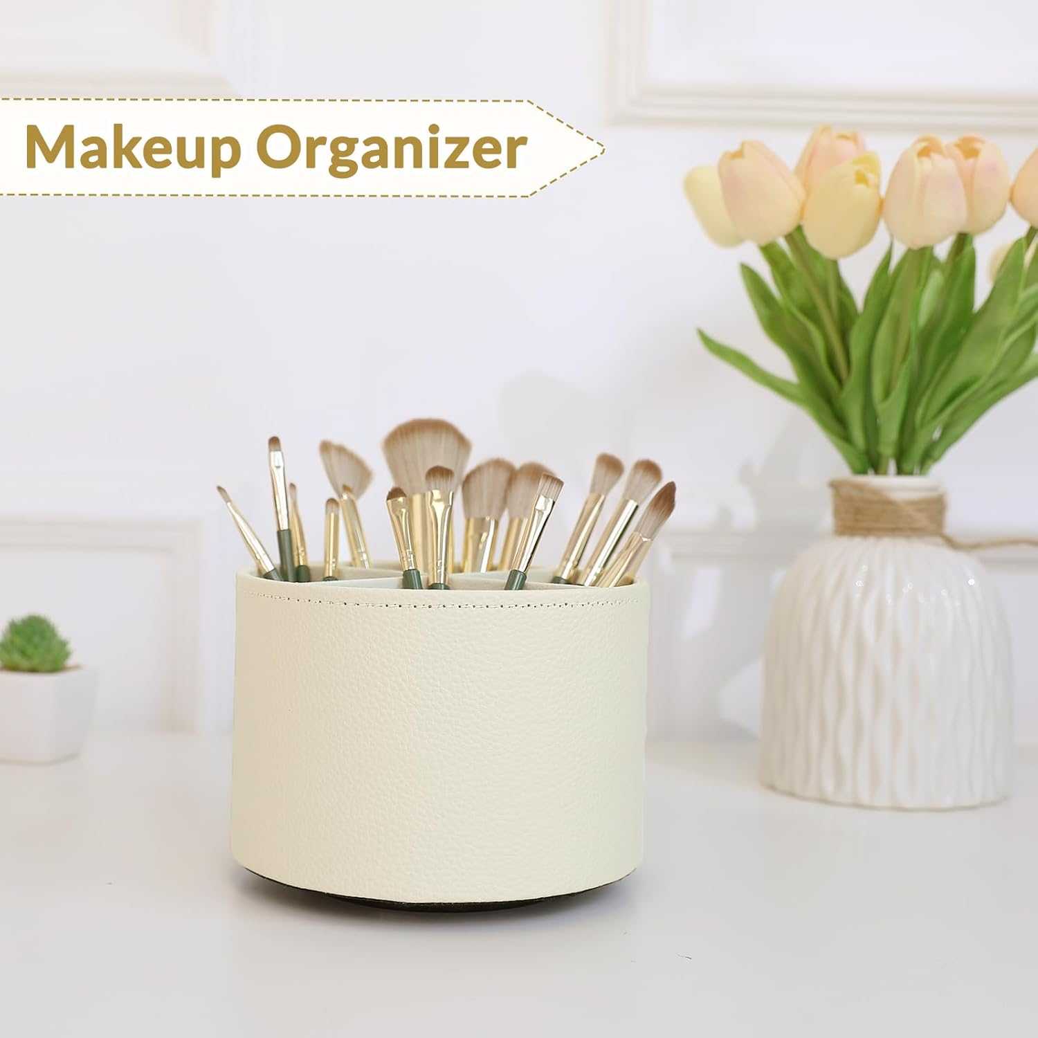 SKYDUE Rotating Pencil Pen Holder, PU Pen Organizer with 4 Slots - Desk Organizer and Accessories for School, Home, Office Supplies