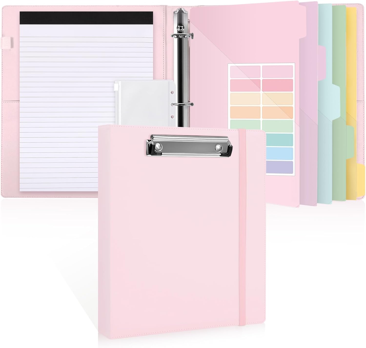 SKYDUE Clipboard Binder with Refillable Notepad, PU Clipboard Folder Includes 5 Dividers with 10 Pockets, Labels, 3 Ring Binder 1 Inch for School Office (Fit Letter Sized Paper),Olivegreen
