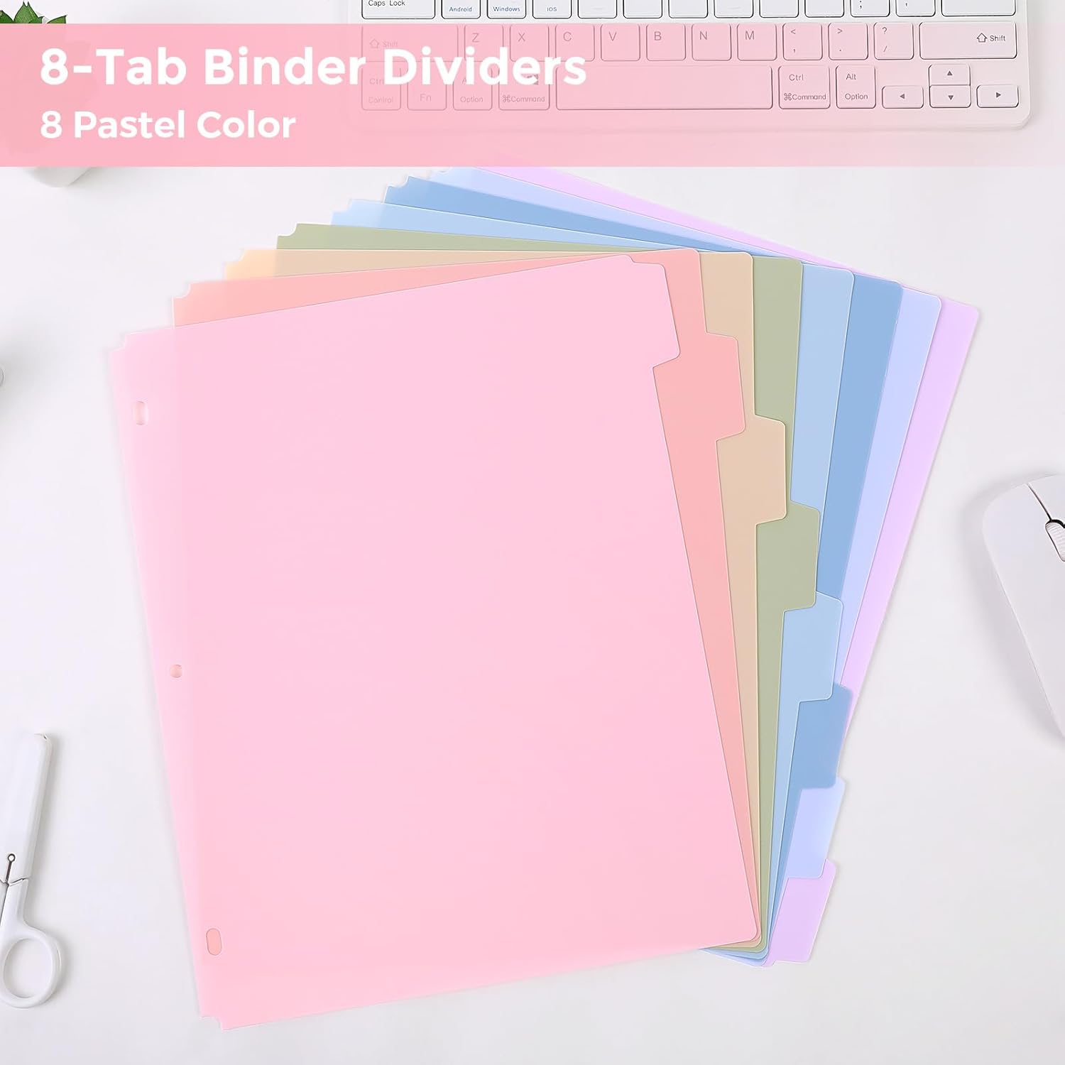SKYDUE 8 Tab Binder Dividers, Letter Size, Durable Plastic Dividers for 3 Ring Binder, Write & Erase Binder Dividers with Tabs, 1 Set, Aesthetic Pastels Binder Divider for School, Office