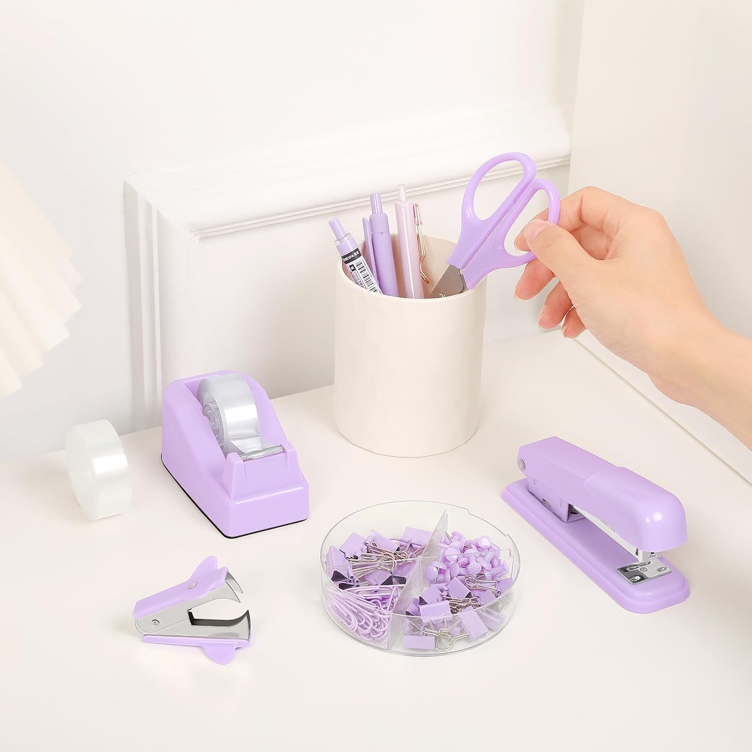 SKYDUE Pink Office Desk Accessories, Pink Office Supplies, Stapler, Tape Dispenser, Scissors, Clips and 1000pcs Staples,Office Supplies for Desk for Women