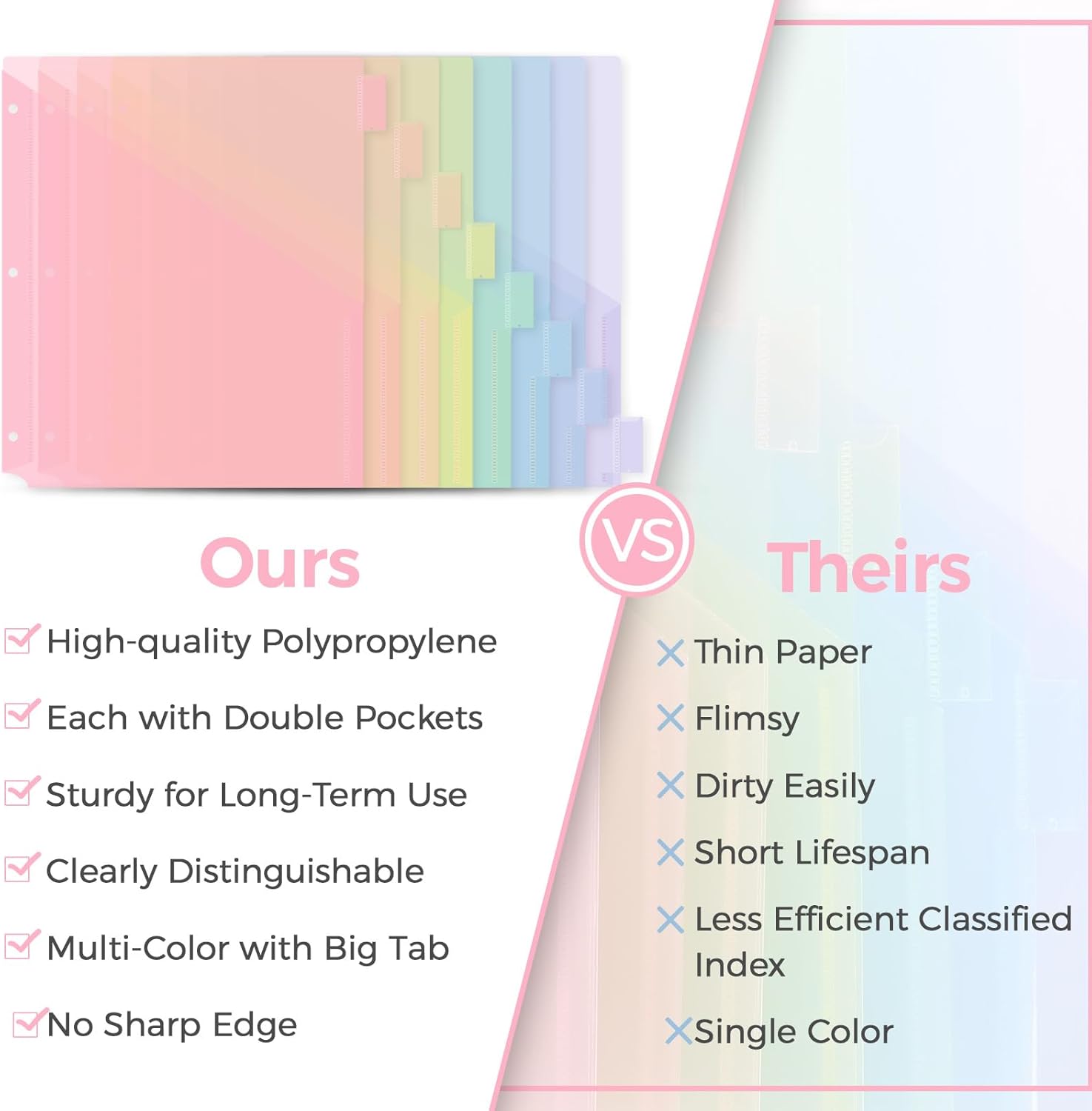 SKYDUE Pastel Binder Dividers with Tabs and Pockets - Soft Plastic Dividers for 3 Ring Binder, Includes 16 Blank Index Labels, for School & Office Organization, Pink