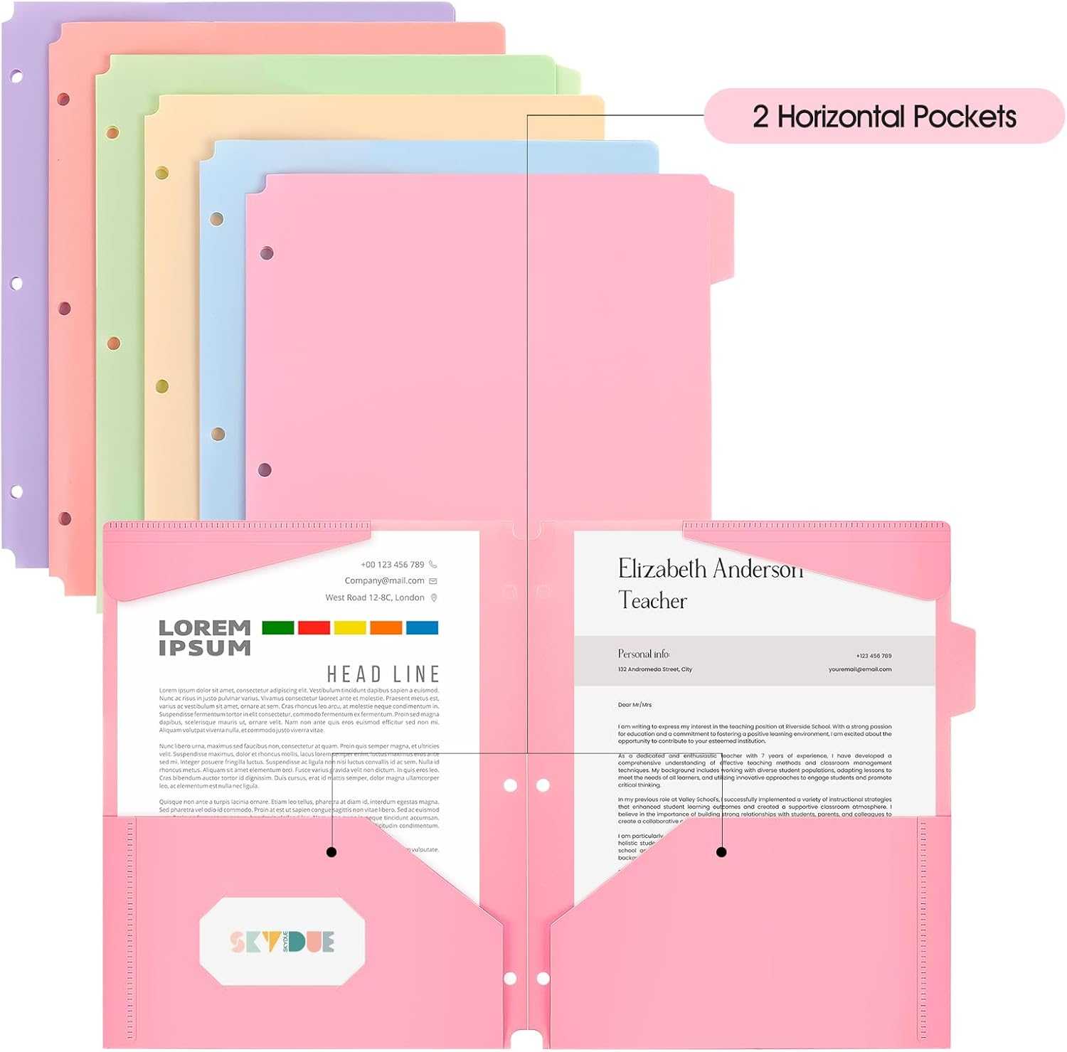 SKYDUE Plastic Folders with Pockets and Tabs – Set of 6 Pastel Colors, 2 Pockets per Folder, 3-Hole Punched, Waterproof – Includes Subject and Blank Labels for School & Office