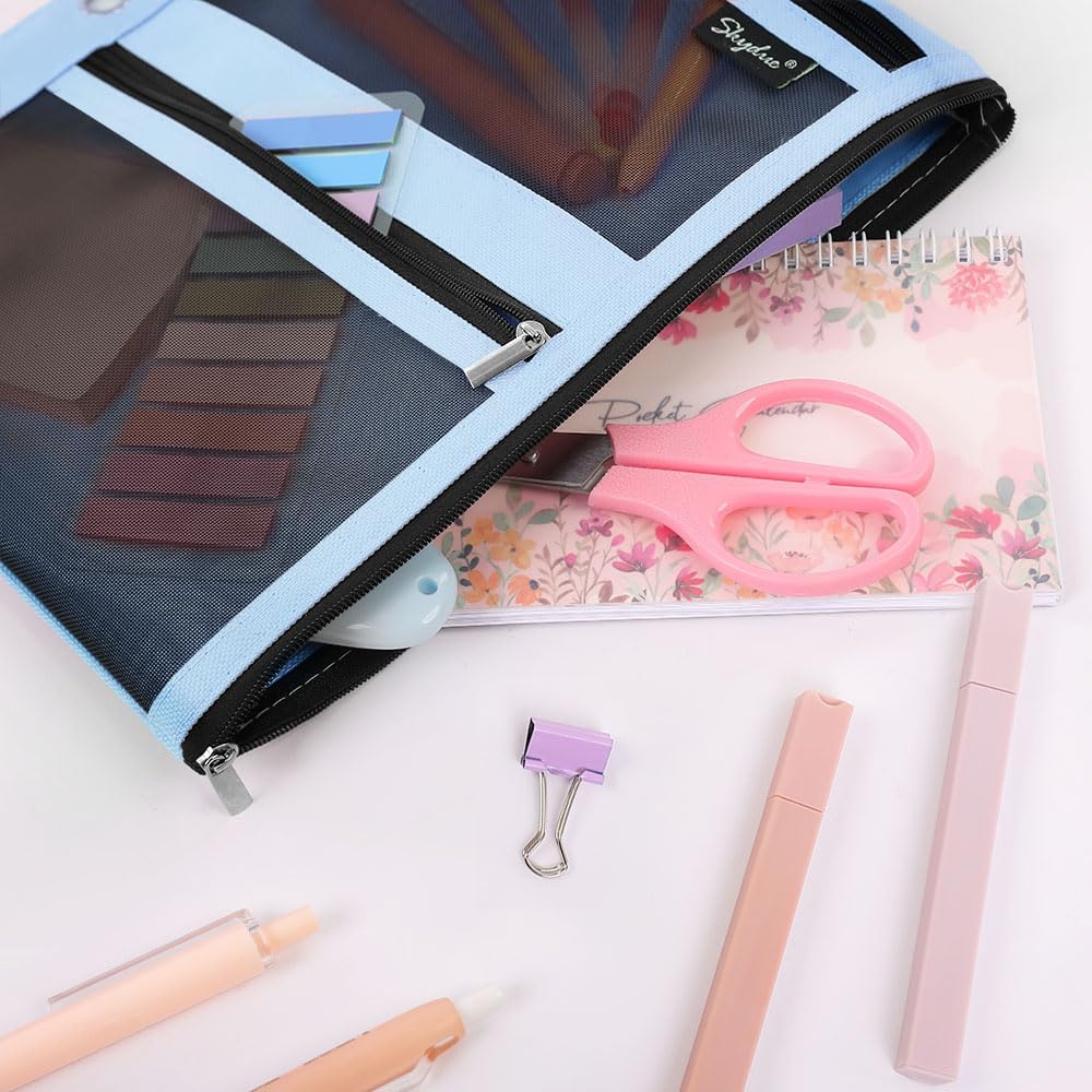 SKYDUE Pencil Pouch for Binder, Pencil Case, 3 Ring Binder Pencil Pouch with 3 Pockets and Mesh Window, Zipper Pencil Pouch, Durable Organizer for School Supplies, Cables, Earbuds, Makeup