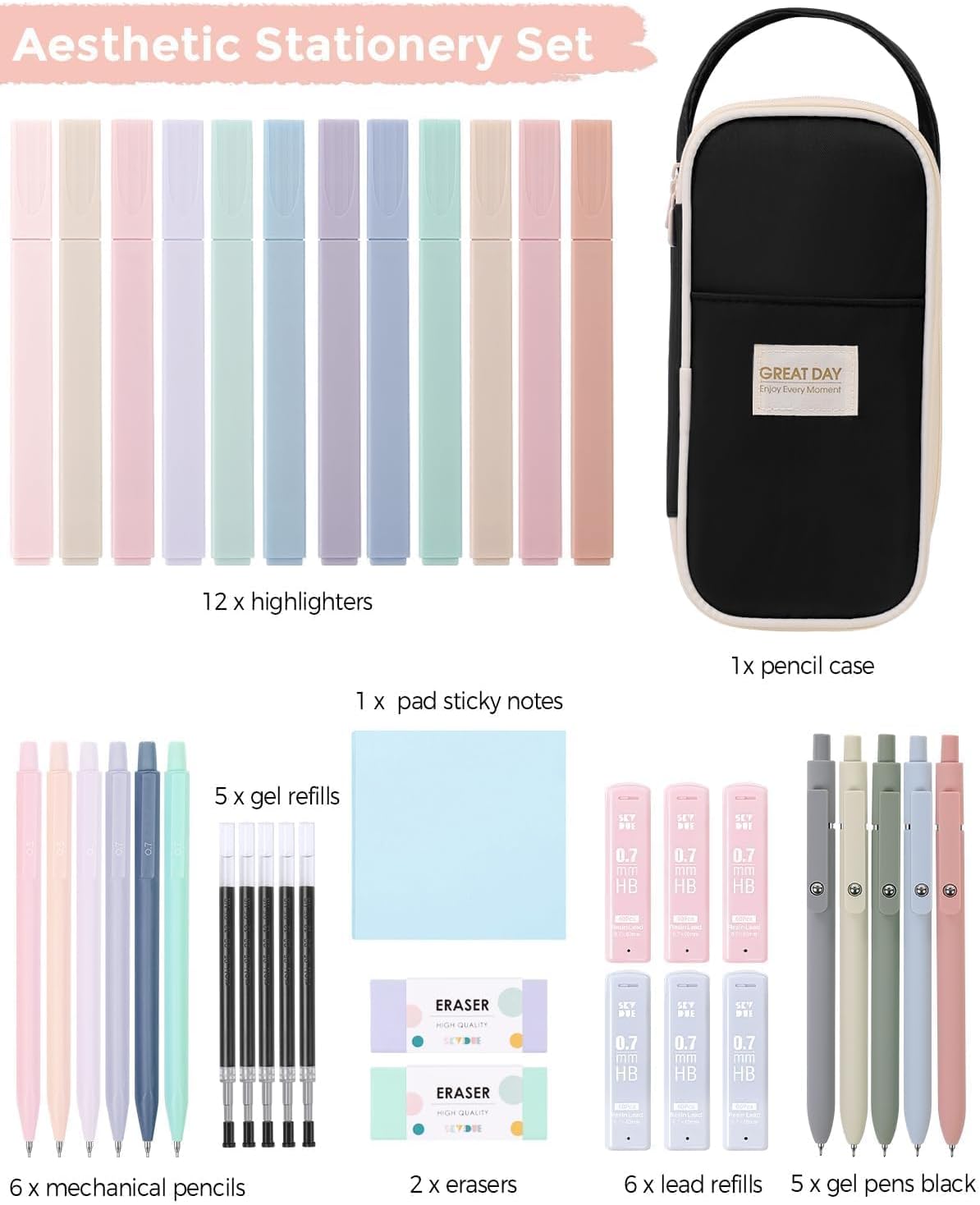 SKYDUE Cute School Supplies 38 PCS, Pencil Case with 12 Pastel Highlighters, 5 Black Gel Pens, Mechanical Pencils, College Essentials Students Stationary Set Pink