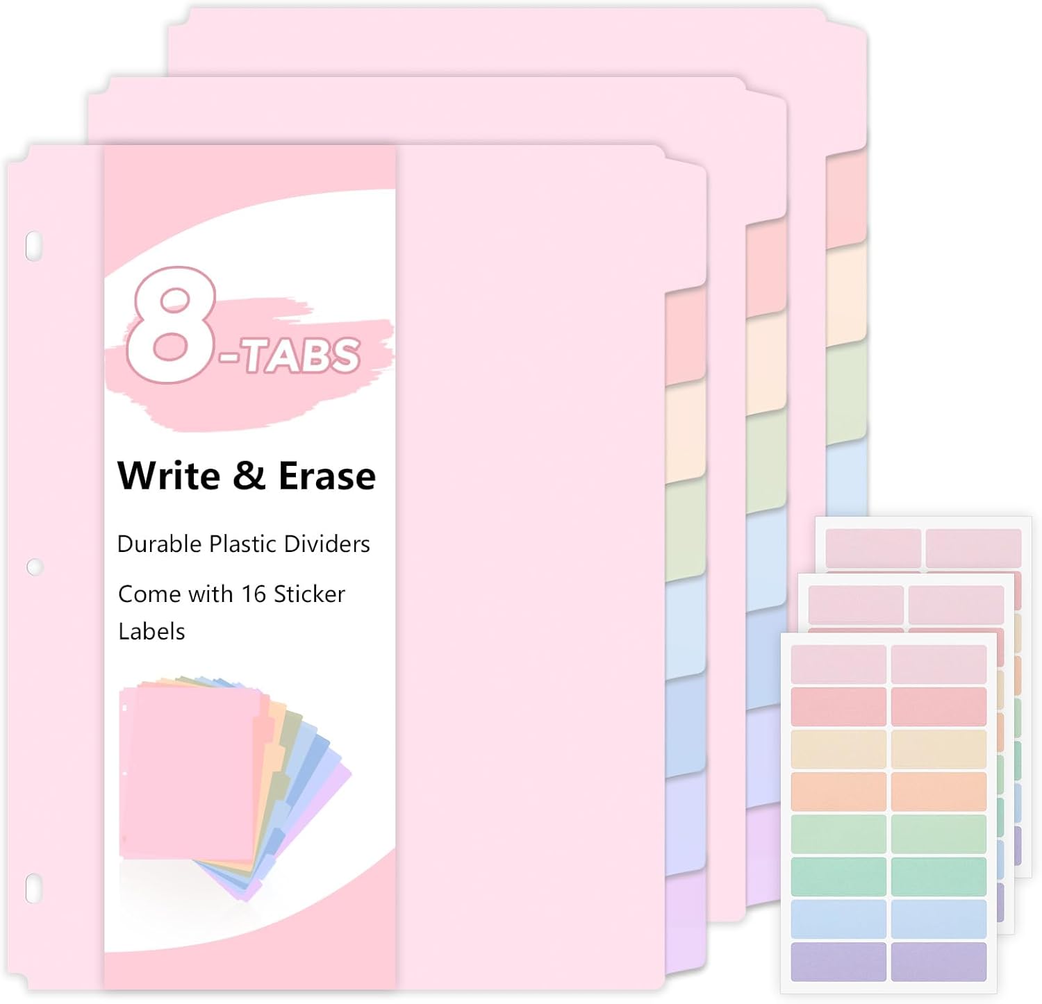 SKYDUE 8 Tab Binder Dividers, Letter Size, Durable Plastic Dividers for 3 Ring Binder, Write & Erase Binder Dividers with Tabs, 1 Set, Aesthetic Pastels Binder Divider for School, Office