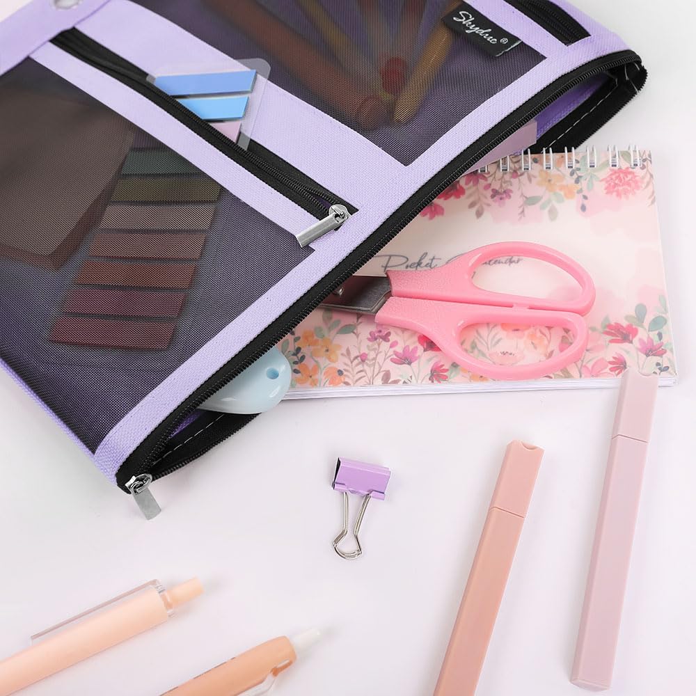 SKYDUE Pencil Pouch for Binder, Pencil Case, 3 Ring Binder Pencil Pouch with 3 Pockets and Mesh Window, Zipper Pencil Pouch, Durable Organizer for School Supplies, Cables, Earbuds, Makeup