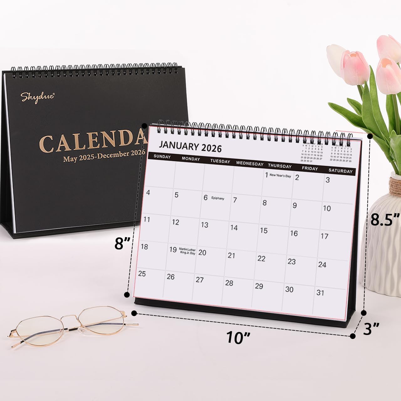 SKYDUE Desk Calendar 2026, 18 Months Small Desk Calendar 2026-2027, Jan 2026 to Jun 2027, 10" x 8" Desktop Calendar Planner with Stickers, Black