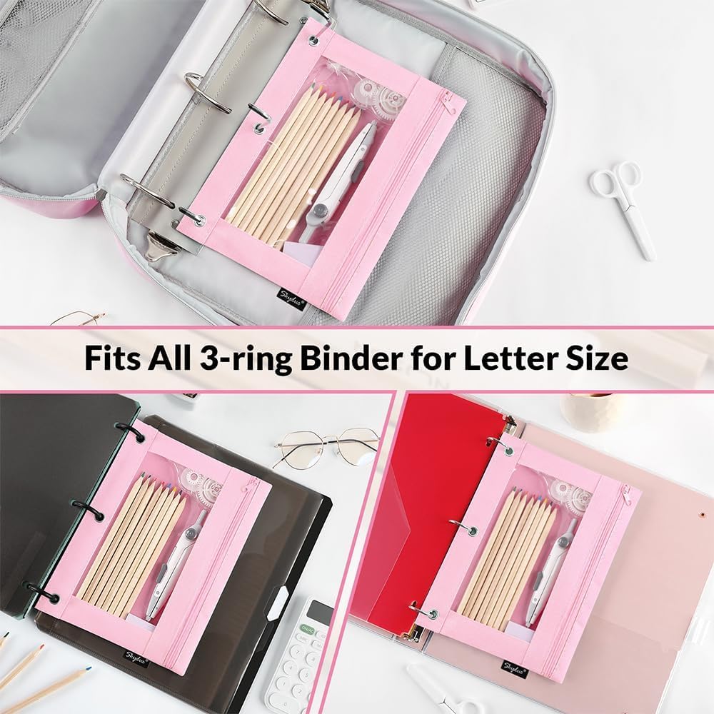 SKYDUE Pencil Pouch for 3 Ring Binder, Zipper Pencil Pouches for Girls Boys, Clear Window Pencil Case for Binder, Binder Pencil Pouch, Pencil Bag with Zipper,Pink & Purple