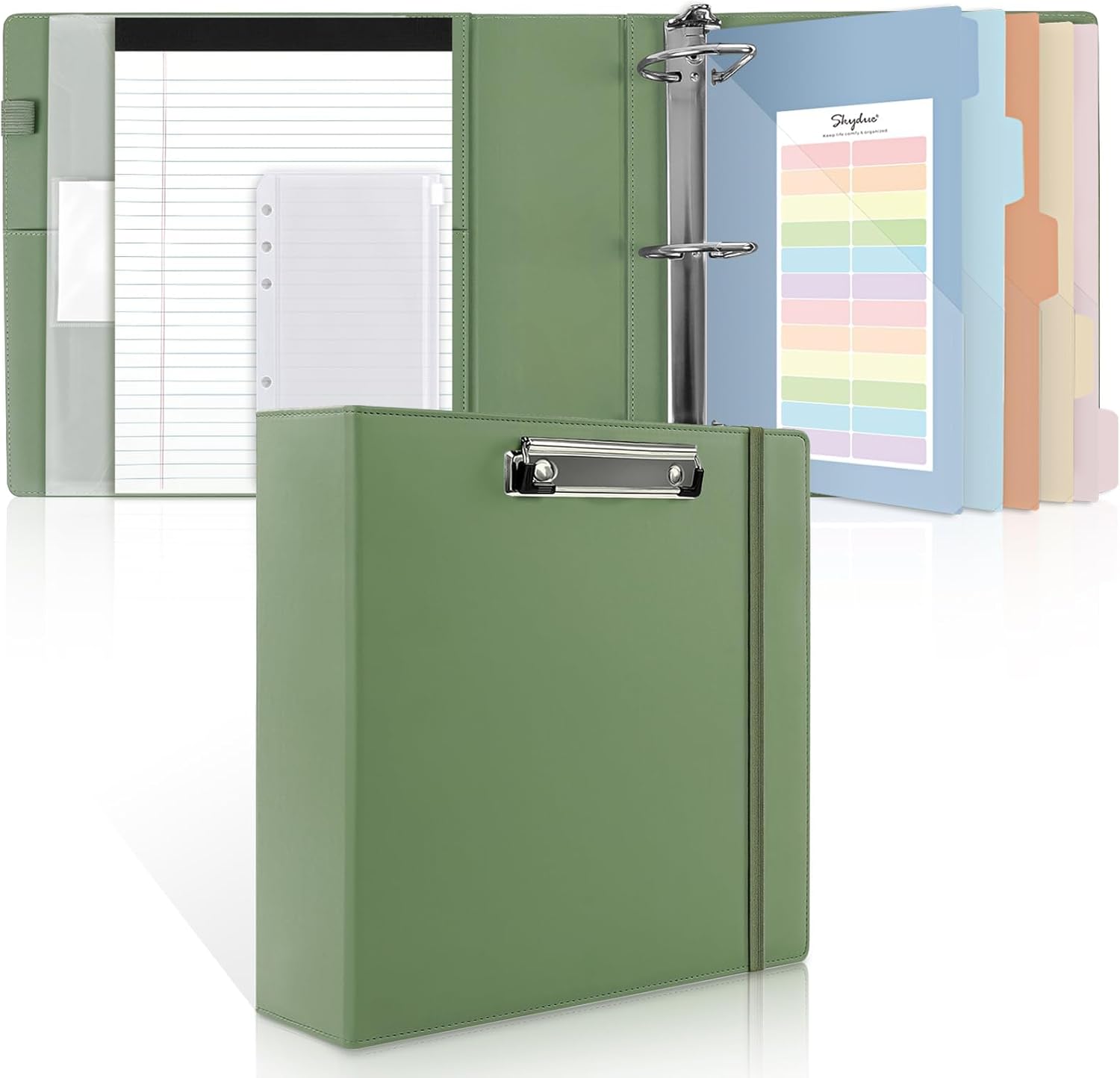 SKYDUE Clipboard Binder with Refillable Notepad, PU Clipboard Folder Includes 5 Dividers with 10 Pockets, Labels, 3 Ring Binder 1 Inch for School Office (Fit Letter Sized Paper),Olivegreen