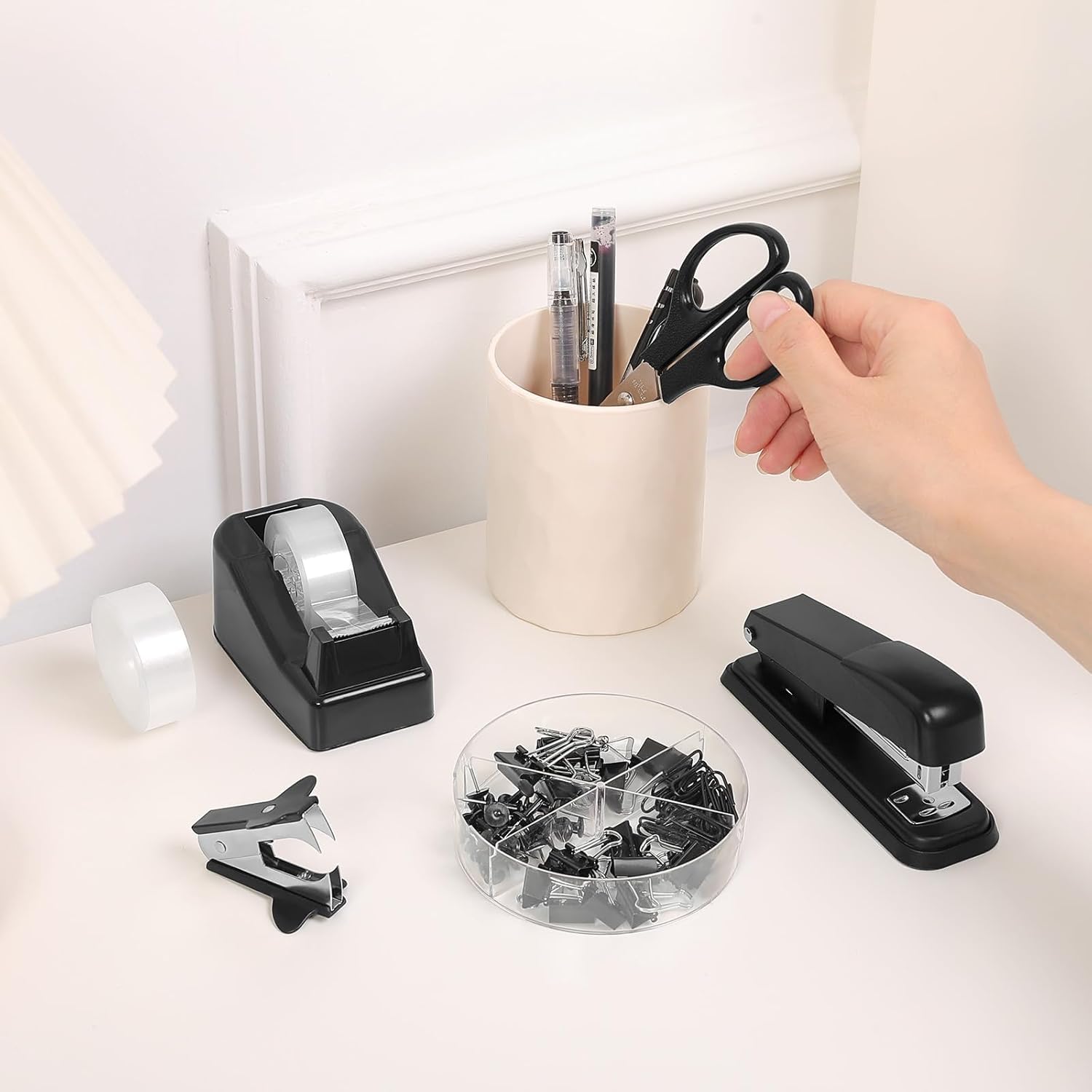 SKYDUE Pink Office Desk Accessories, Pink Office Supplies, Stapler, Tape Dispenser, Scissors, Clips and 1000pcs Staples,Office Supplies for Desk for Women