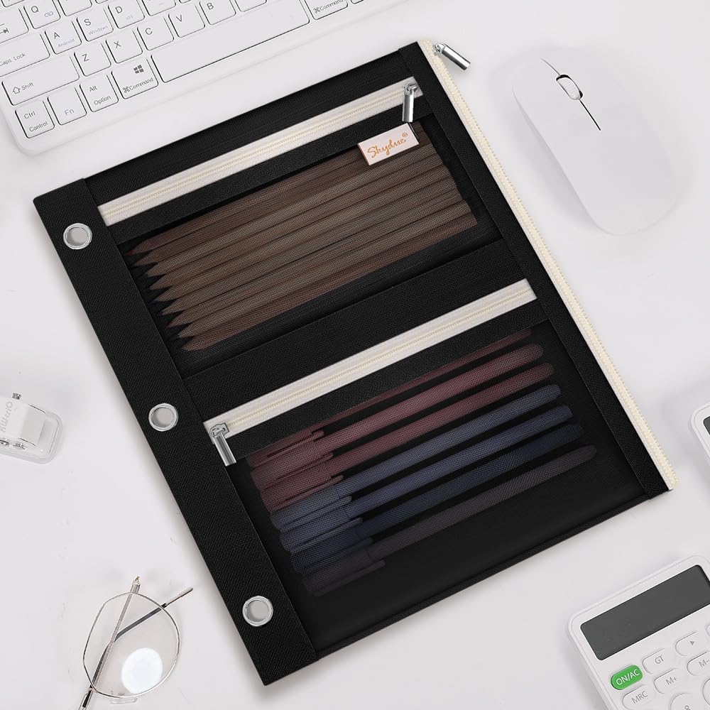SKYDUE Pencil Pouch for Binder, Pencil Case, 3 Ring Binder Pencil Pouch with 3 Pockets and Mesh Window, Zipper Pencil Pouch, Durable Organizer for School Supplies, Cables, Earbuds, Makeup