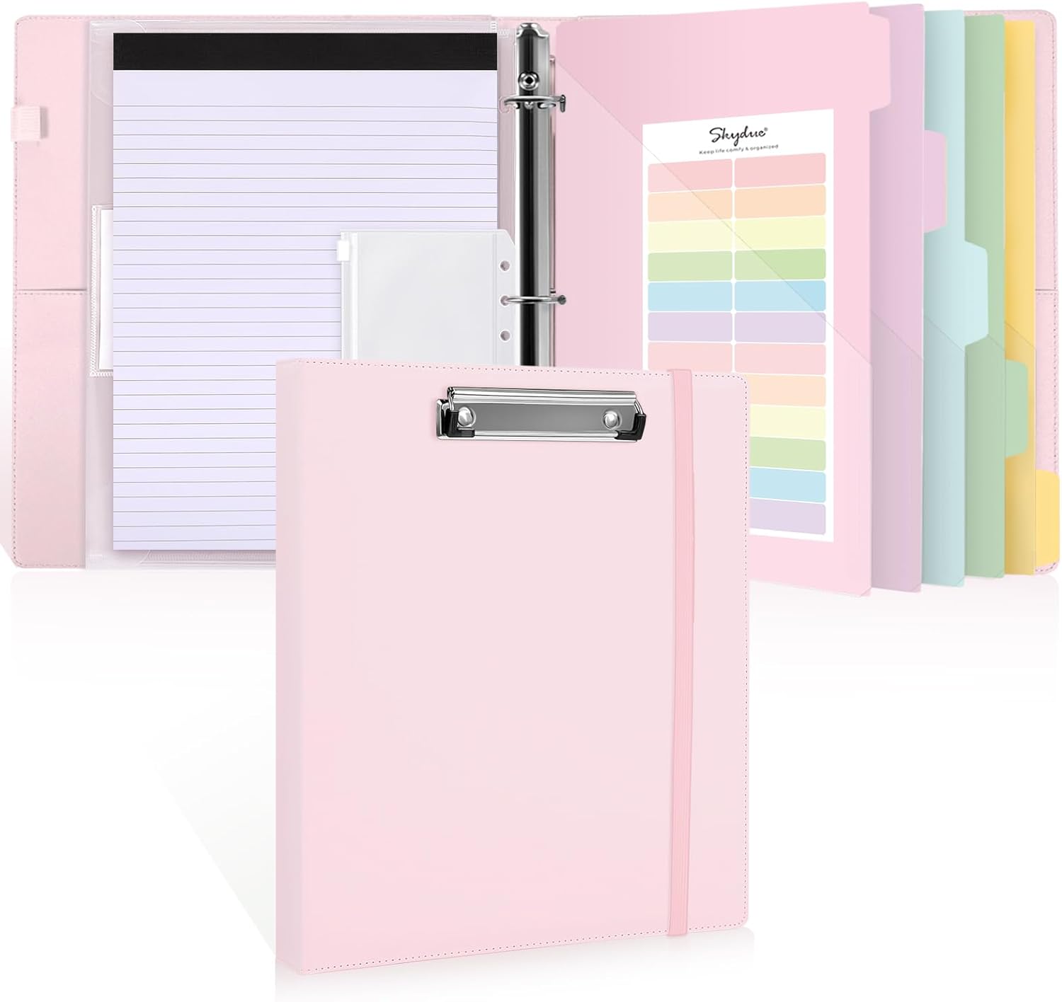 SKYDUE Clipboard Binder with Refillable Notepad, PU Clipboard Folder Includes 5 Dividers with 10 Pockets, Labels, 3 Ring Binder 1 Inch for School Office (Fit Letter Sized Paper),Olivegreen