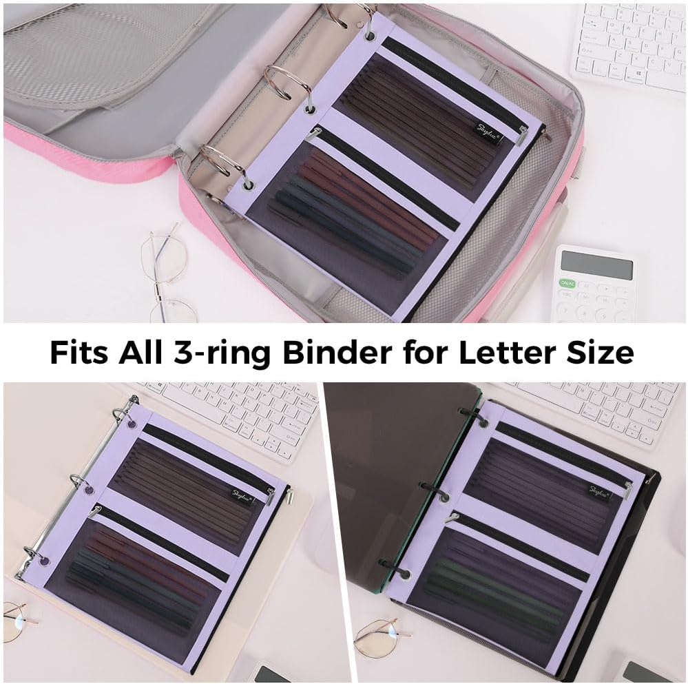 SKYDUE Pencil Pouch for Binder, Pencil Case, 3 Ring Binder Pencil Pouch with 3 Pockets and Mesh Window, Zipper Pencil Pouch, Durable Organizer for School Supplies, Cables, Earbuds, Makeup