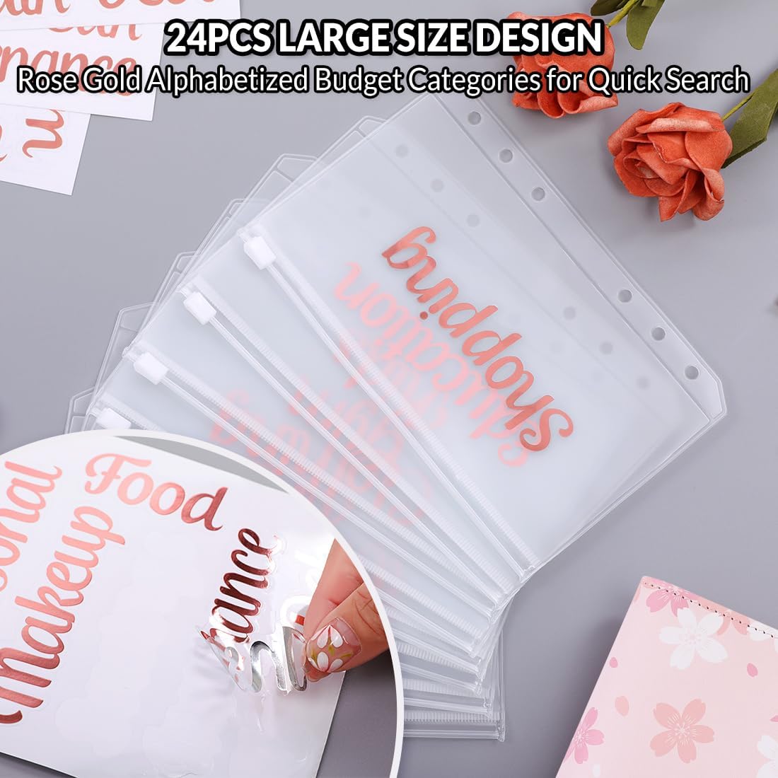 SKYDUE Budget Binder with 8pcs Zipper Envelopes,Money Organizer for Cash with 12pcs Expense Sheets & 24 Rose Gold Sticky Labels