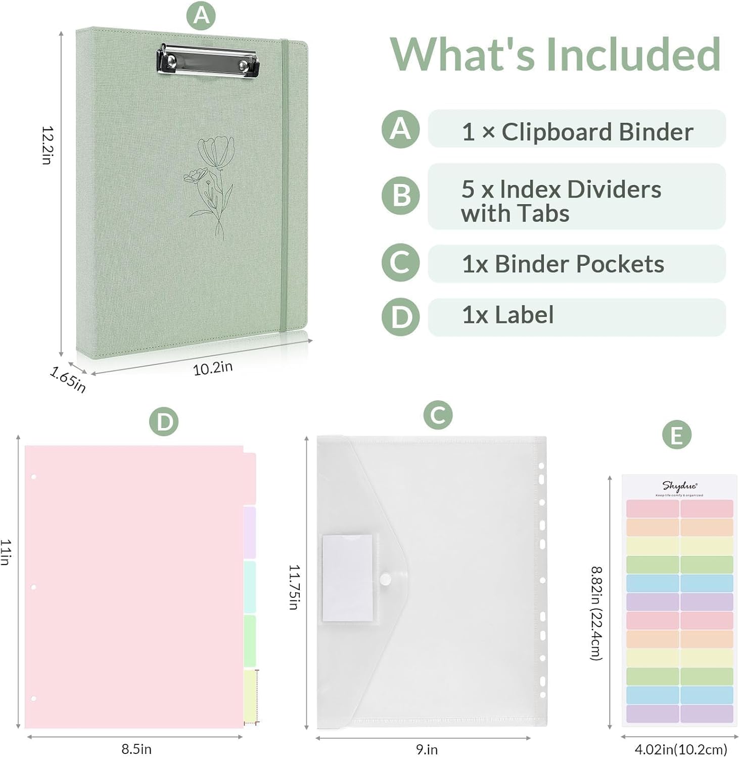 SKYDUE Clipboard Binder with Dividers,1 Inch Linen 3 Ring Binder with Clipboard on Front for Organizer, Clipboard Folder with Pocket, Labels Office Supplies OliveGreen