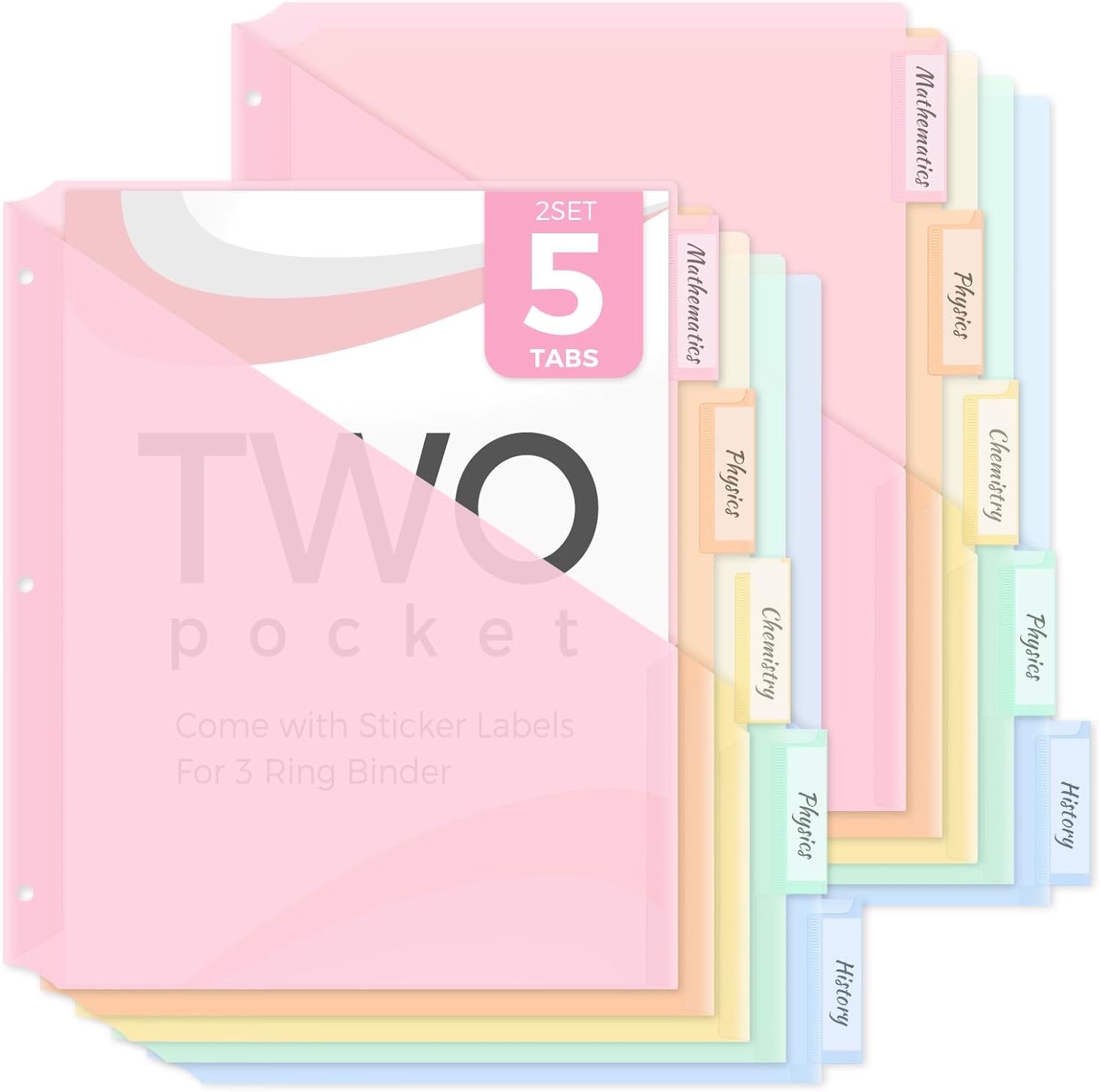 SKYDUE Binder Dividers with Two Pockets, 1Set, 5 Tabs Dividers for 3 Ring Binder, Plastic Binder Dividers with Tabs for School, Office, and Home Organization,Pink