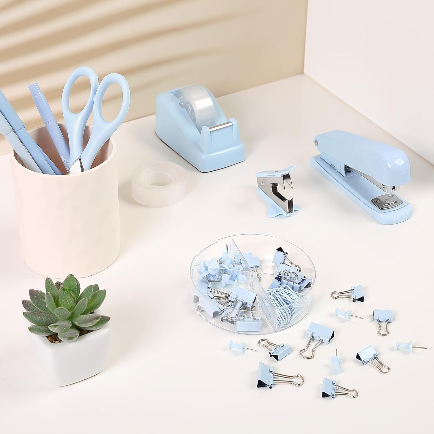 SKYDUE Pink Office Desk Accessories, Pink Office Supplies, Stapler, Tape Dispenser, Scissors, Clips and 1000pcs Staples,Office Supplies for Desk for Women