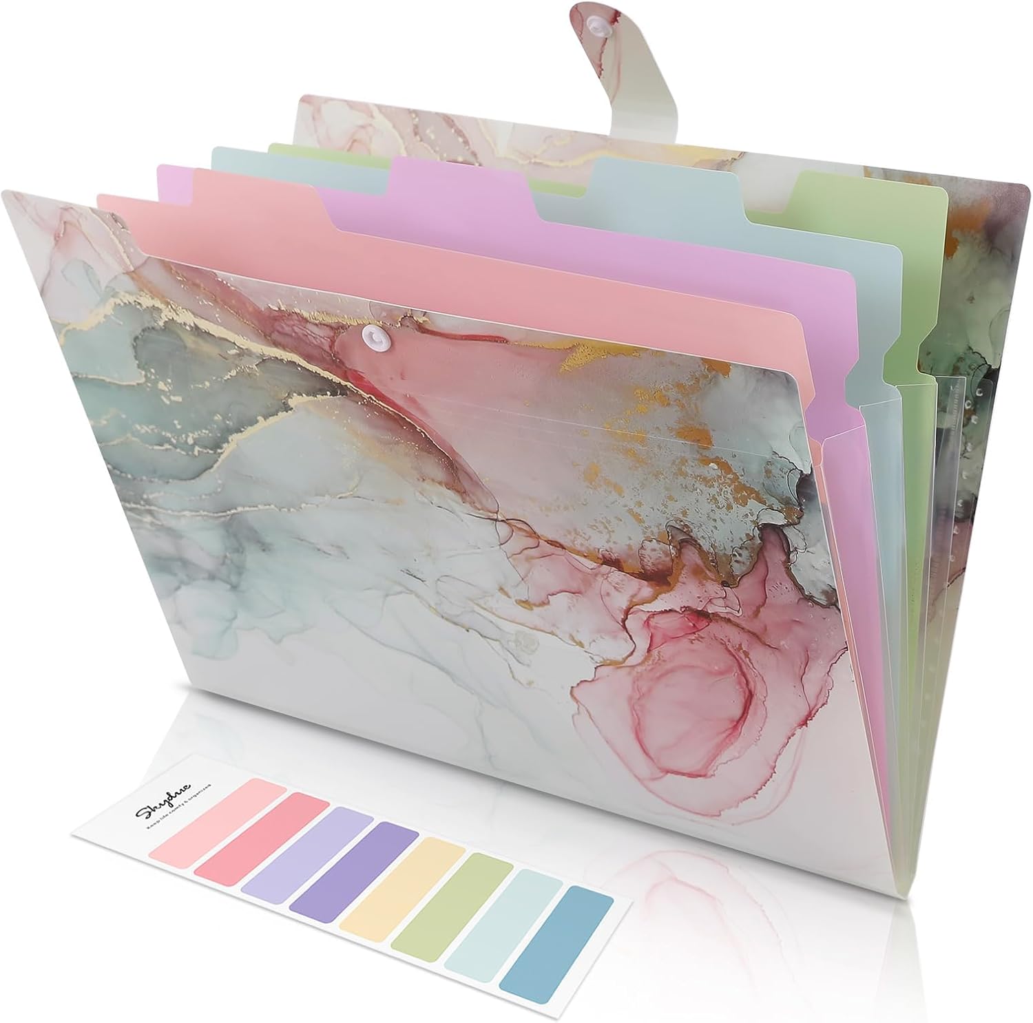 SKYDUE Expanding File Folder with 5 Pockets, Cute Accordion File Organizer, Letter Size Filing Folder, Letter Size Folders for Documents, School Office Supplies Marble Pink