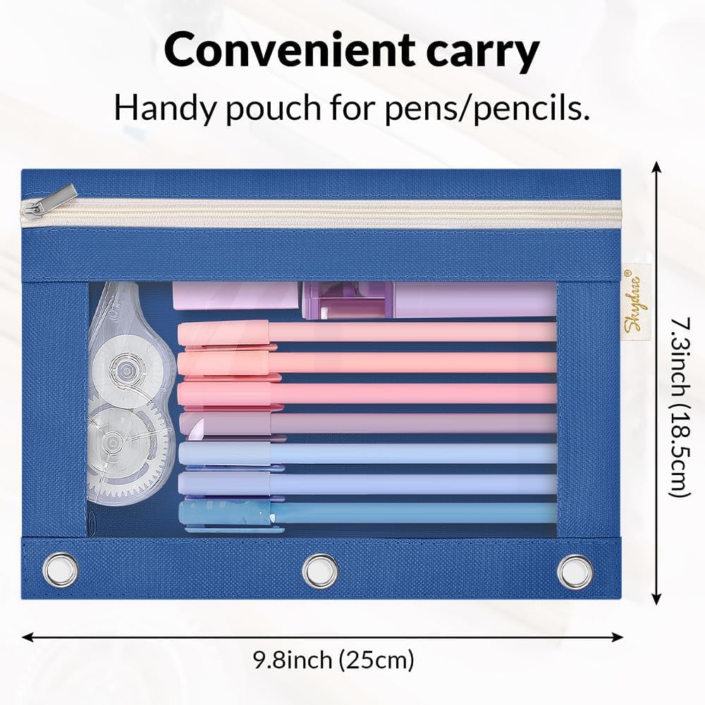 SKYDUE 3 Ring Pencil Pouch for Binder, Zipper Binder Pencil Pouch with 3 Pockets and Mesh Window, Durable Organizer for School Supplies, Cables, Earbuds, Makeup