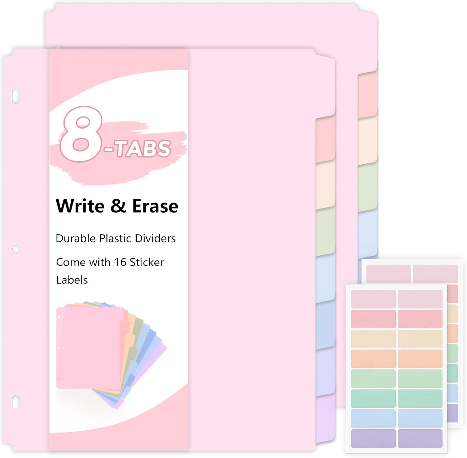 SKYDUE 8 Tab Binder Dividers, Letter Size, Durable Plastic Dividers for 3 Ring Binder, Write & Erase Binder Dividers with Tabs, 1 Set, Aesthetic Pastels Binder Divider for School, Office