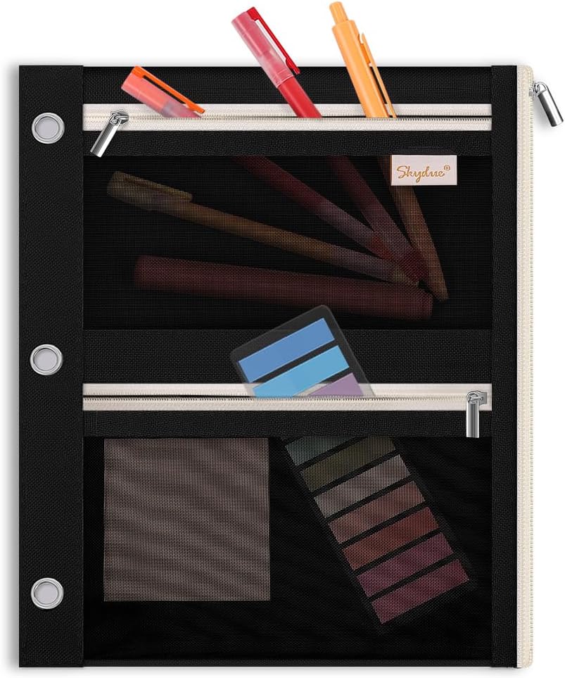 SKYDUE Pencil Pouch for Binder, Pencil Case, 3 Ring Binder Pencil Pouch with 3 Pockets and Mesh Window, Zipper Pencil Pouch, Durable Organizer for School Supplies, Cables, Earbuds, Makeup