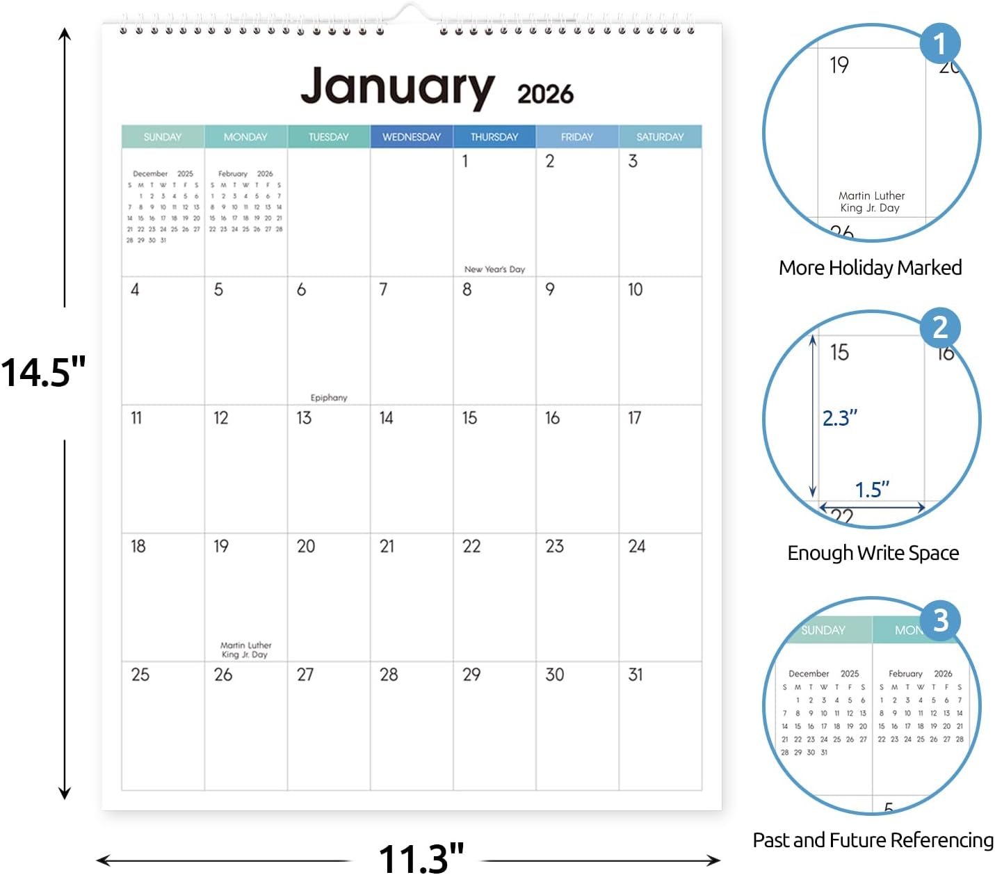 SKYDUE Wall Calendar 2026-2027, Jan 2026 to Jun 2027 18 Months 2026 Wall Calendar with Planner Stickers, 14.5" x 11.5", Black