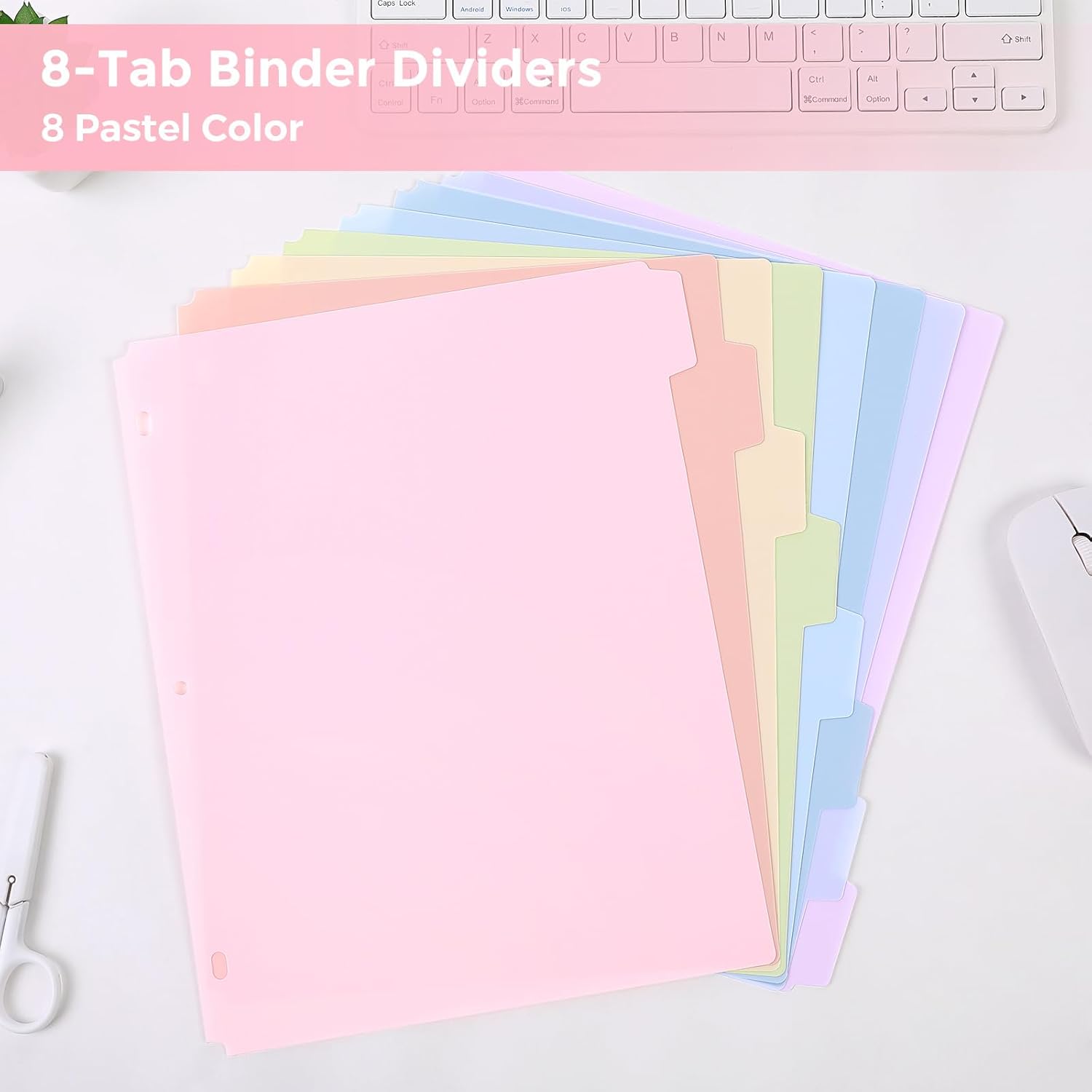 SKYDUE 8 Tab Binder Dividers, Letter Size, Durable Plastic Dividers for 3 Ring Binder, Write & Erase Binder Dividers with Tabs, 1 Set, Aesthetic Pastels Binder Divider for School, Office
