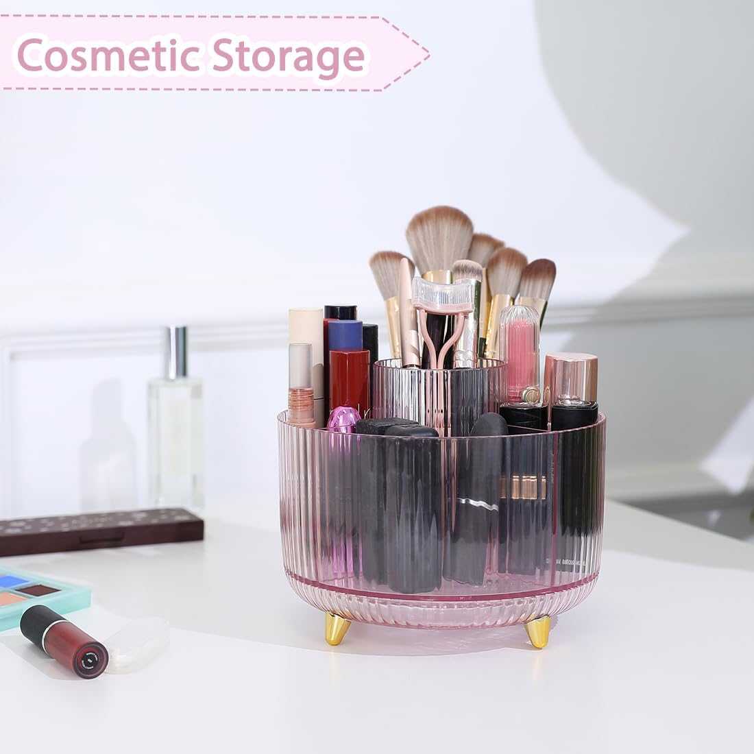 SKYDUE Rotating Pencil Pen Holder, Pen Organizer with 5 Slots - Aesthetic Desk Organizer and Accessories for School, Home, Office Supplies, Clear Pink