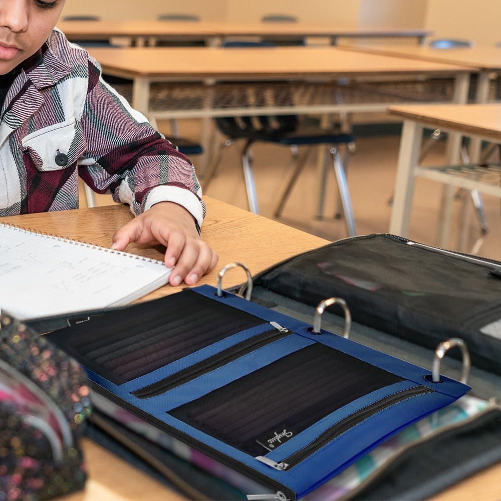 SKYDUE Pencil Pouch for Binder, Pencil Case, 3 Ring Binder Pencil Pouch with 3 Pockets and Mesh Window, Zipper Pencil Pouch, Durable Organizer for School Supplies, Cables, Earbuds, Makeup