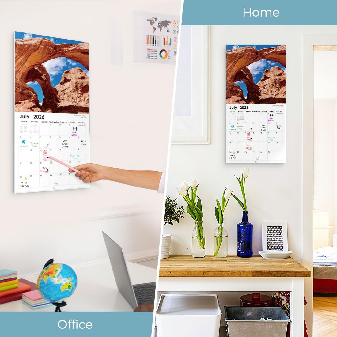 SKYDUE 2026 Wall Calendar 12"x24" Opened, 18-Month Puppy Dog Calendar from January 2026 to June 2027 with Stickers, Thick Paper Monthly Calendar for Home Office Organizing & Planning