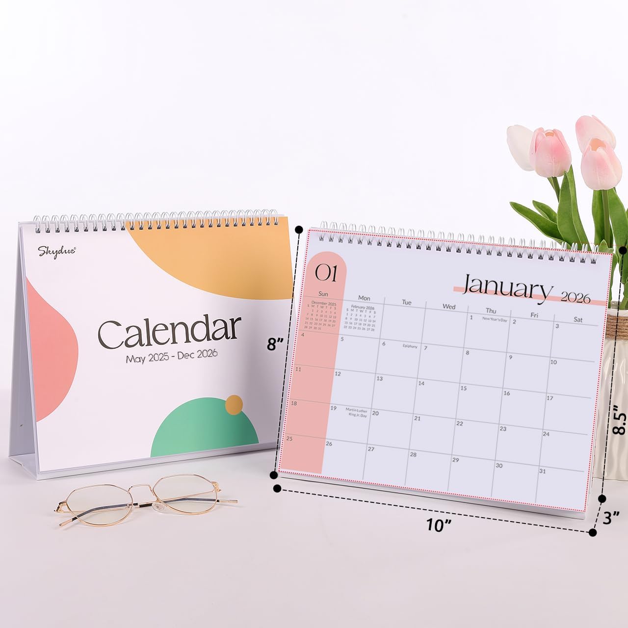 SKYDUE Desk Calendar 2026, 18 Months Small Desk Calendar 2026-2027, Jan 2026 to Jun 2027, 10" x 8" Desktop Calendar Planner with Stickers, Black