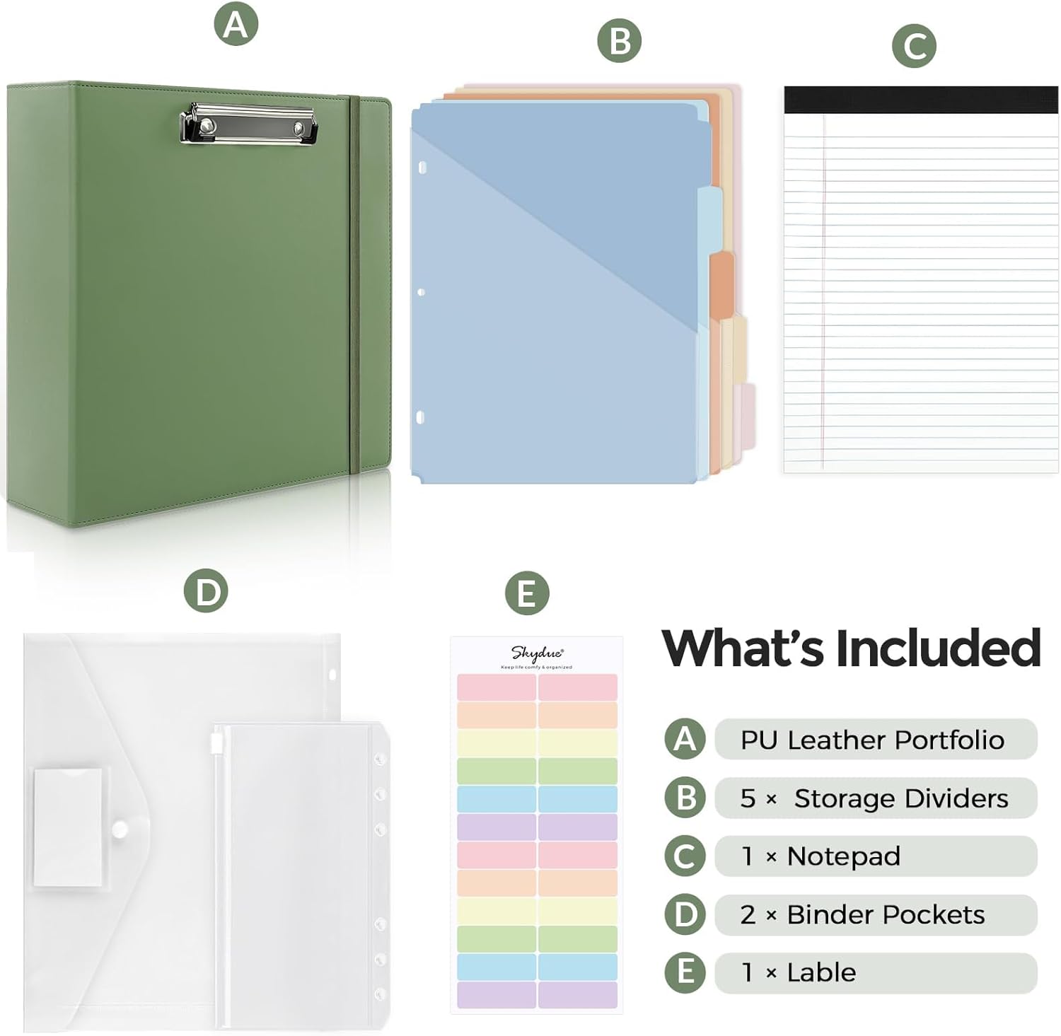 SKYDUE Clipboard Binder with Refillable Notepad, PU Clipboard Folder Includes 5 Dividers with 10 Pockets, Labels, 3 Ring Binder 1 Inch for School Office (Fit Letter Sized Paper),Olivegreen