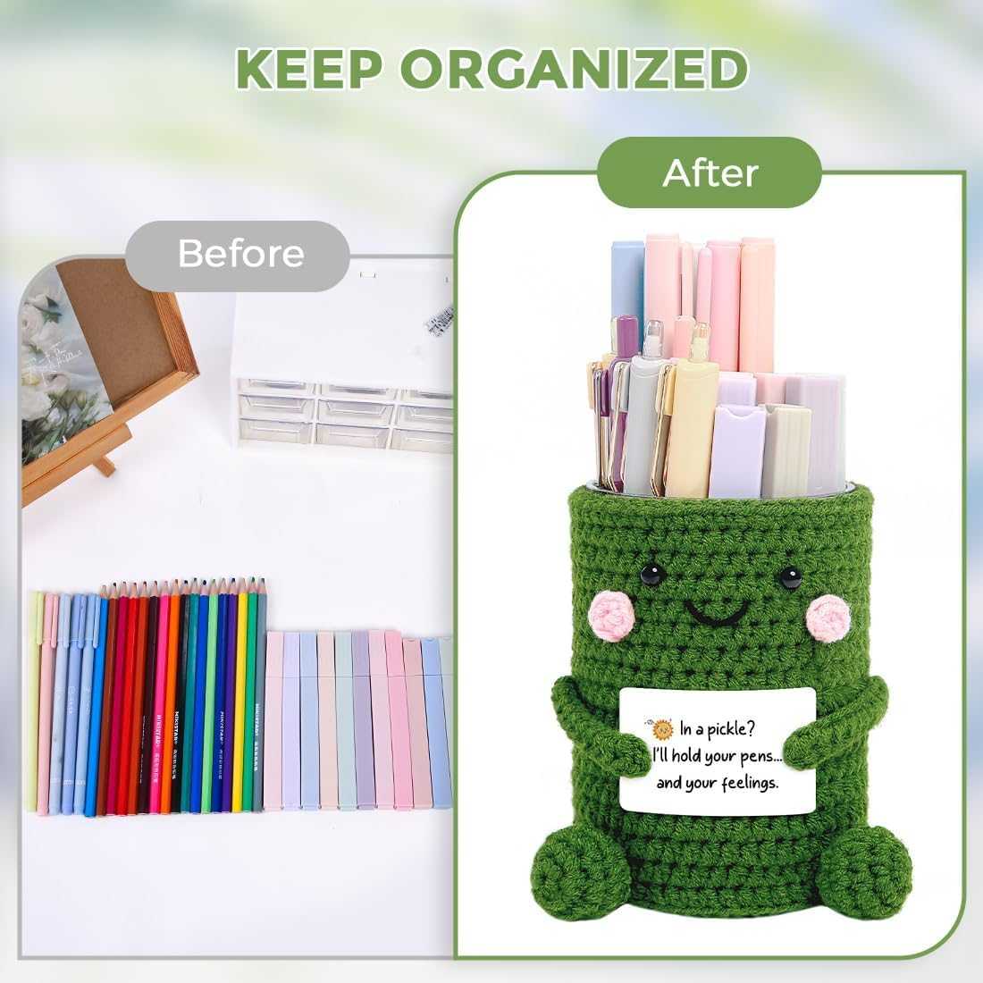 SKYDUE Crocheted Pen & Pencil Holder with Inspirational Card - Handmade Desk Organizer for Office, School, Home - Functional Desk Decor Pen Cup