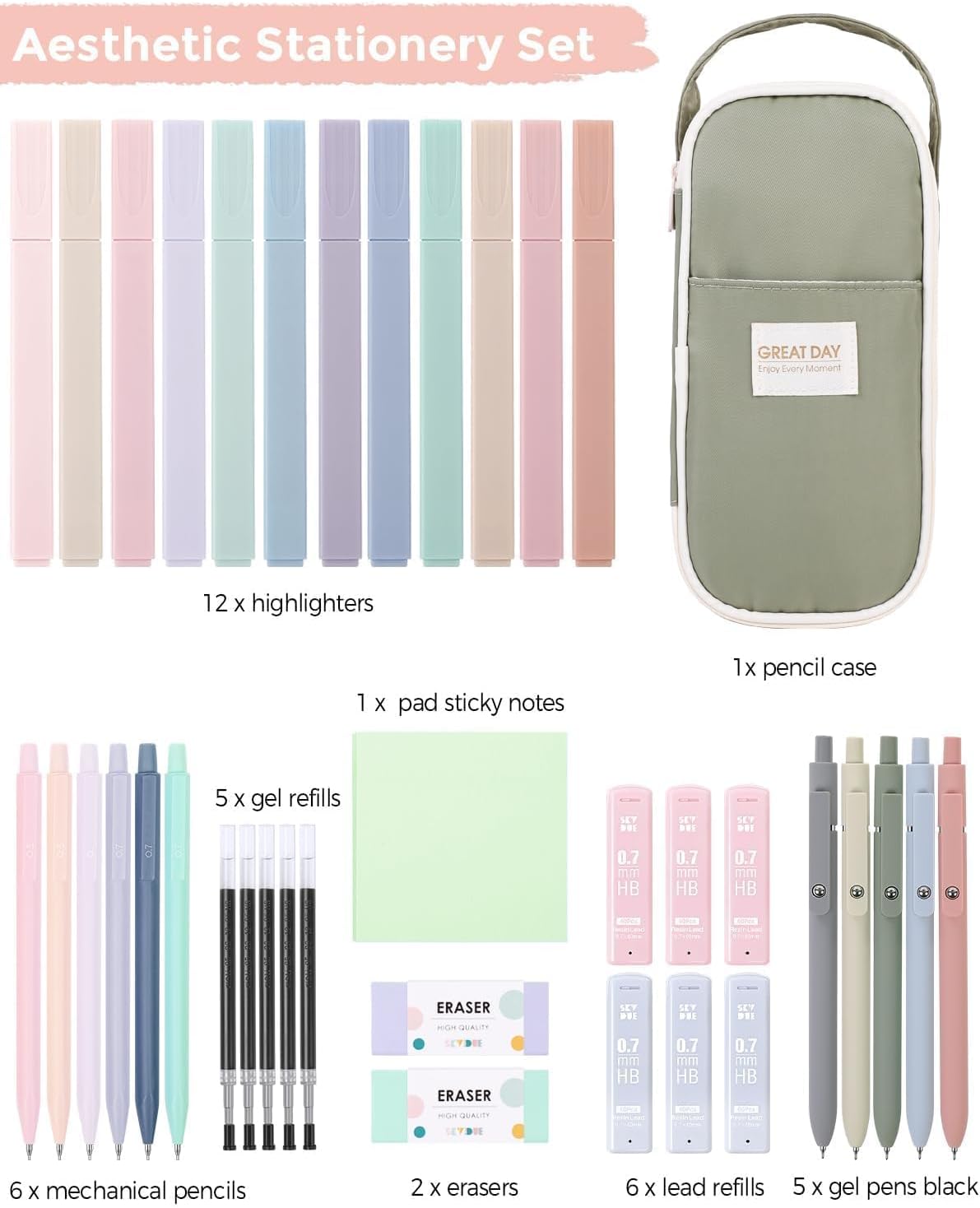 SKYDUE Cute School Supplies 38 PCS, Pencil Case with 12 Pastel Highlighters, 5 Black Gel Pens, Mechanical Pencils, College Essentials Students Stationary Set Pink
