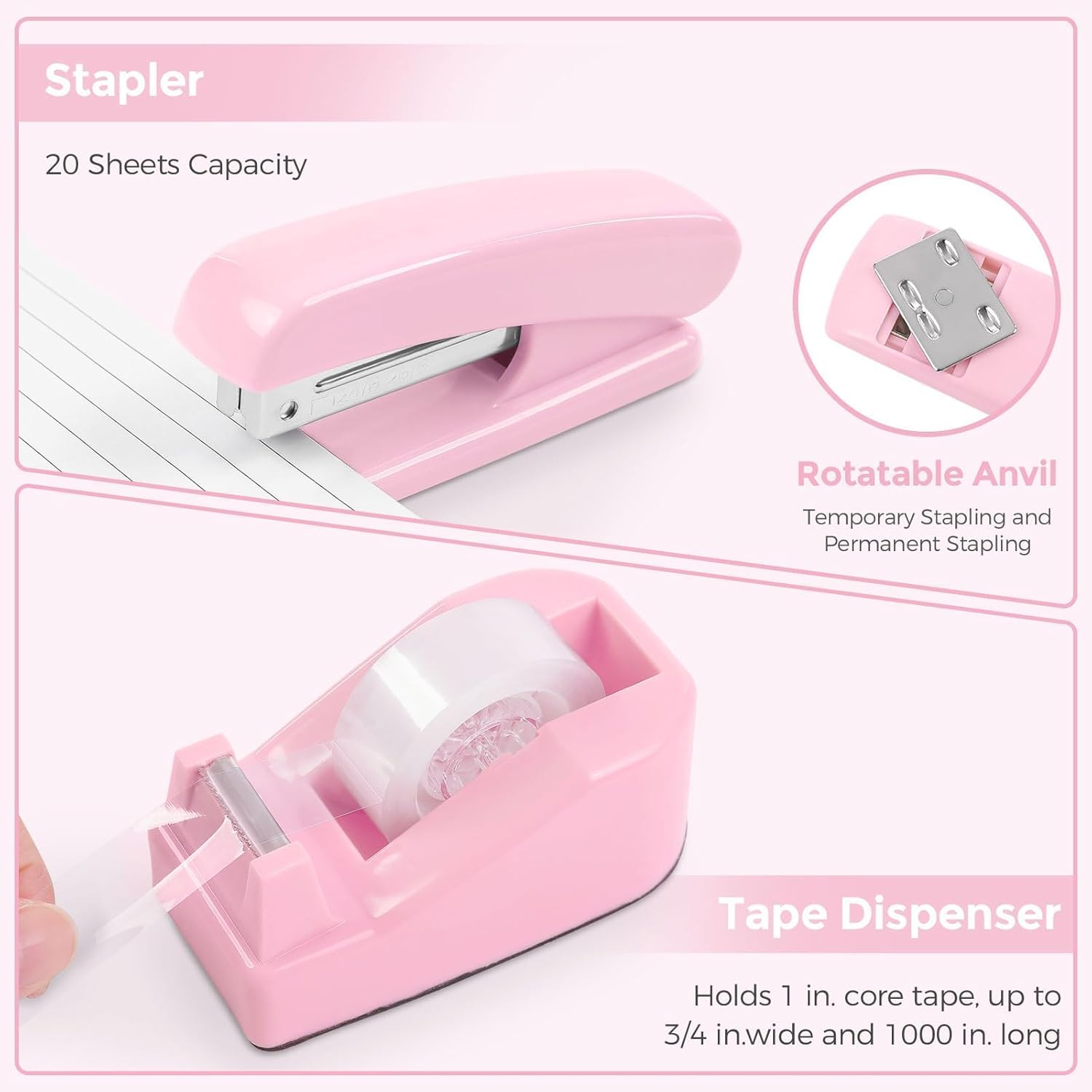 SKYDUE Pink Desk Accessories, Pink Office Supplies Set, Mesh Desk Organizer, Stapler, Tape Dispenser, Scissors, Binder/Paper Clips and 1000pcs Staples,Desk Organizer for Women