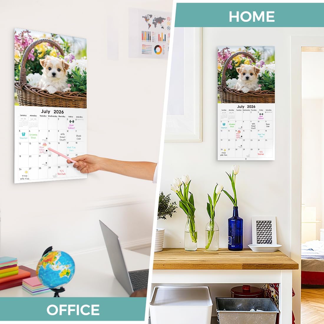 SKYDUE 2026 Wall Calendar 12"x24" Opened, 18-Month Puppy Dog Calendar from January 2026 to June 2027 with Stickers, Thick Paper Monthly Calendar for Home Office Organizing & Planning